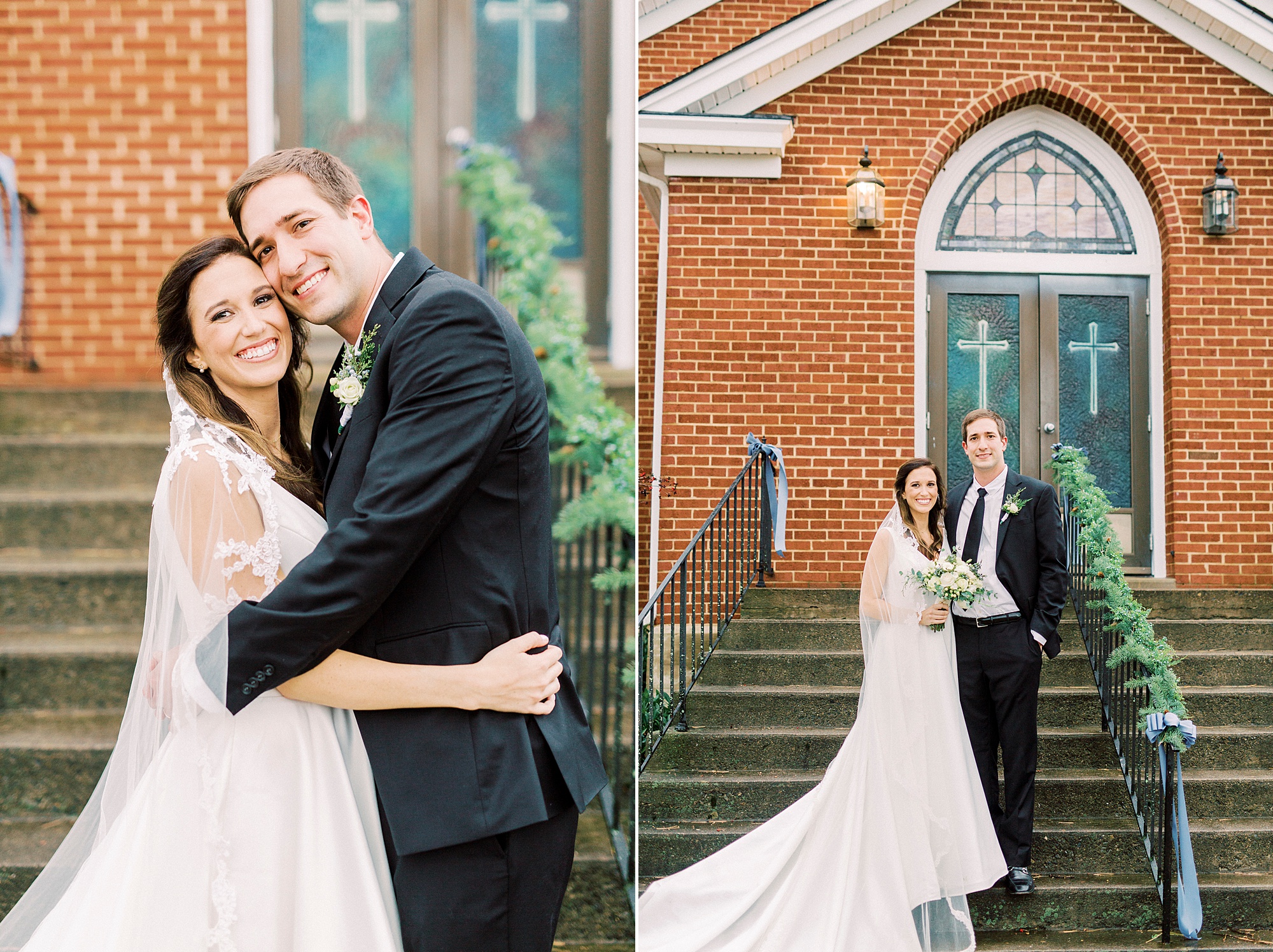 bride and groom hug on front steps of Bethesda United Methodist Church