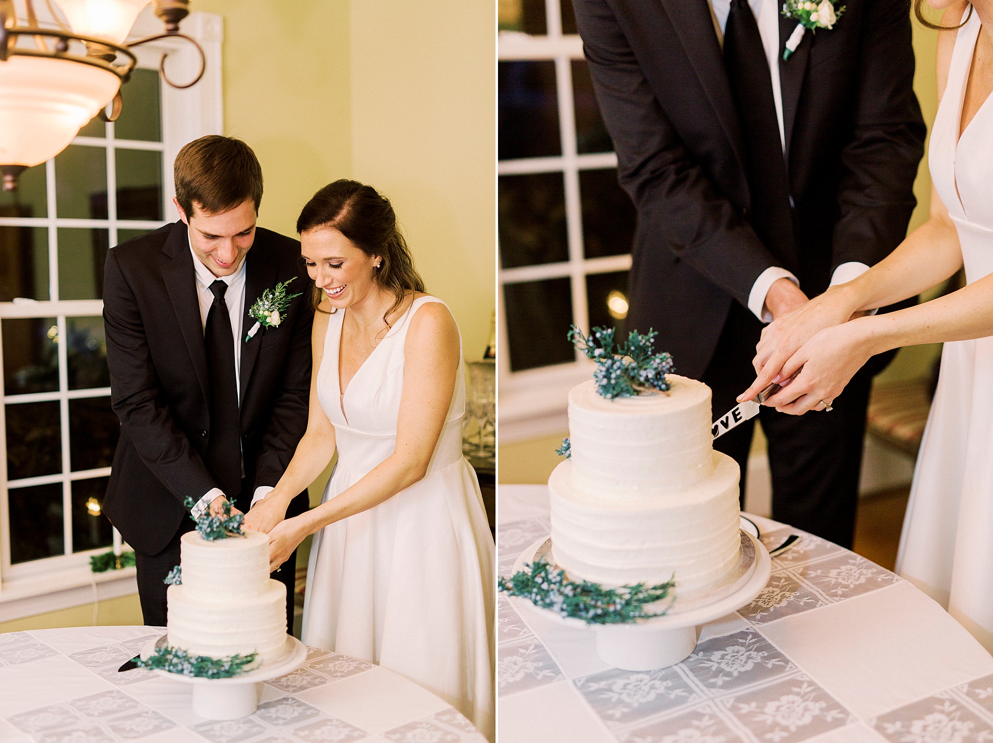 newlyweds cut wedding cake after intimate celebration