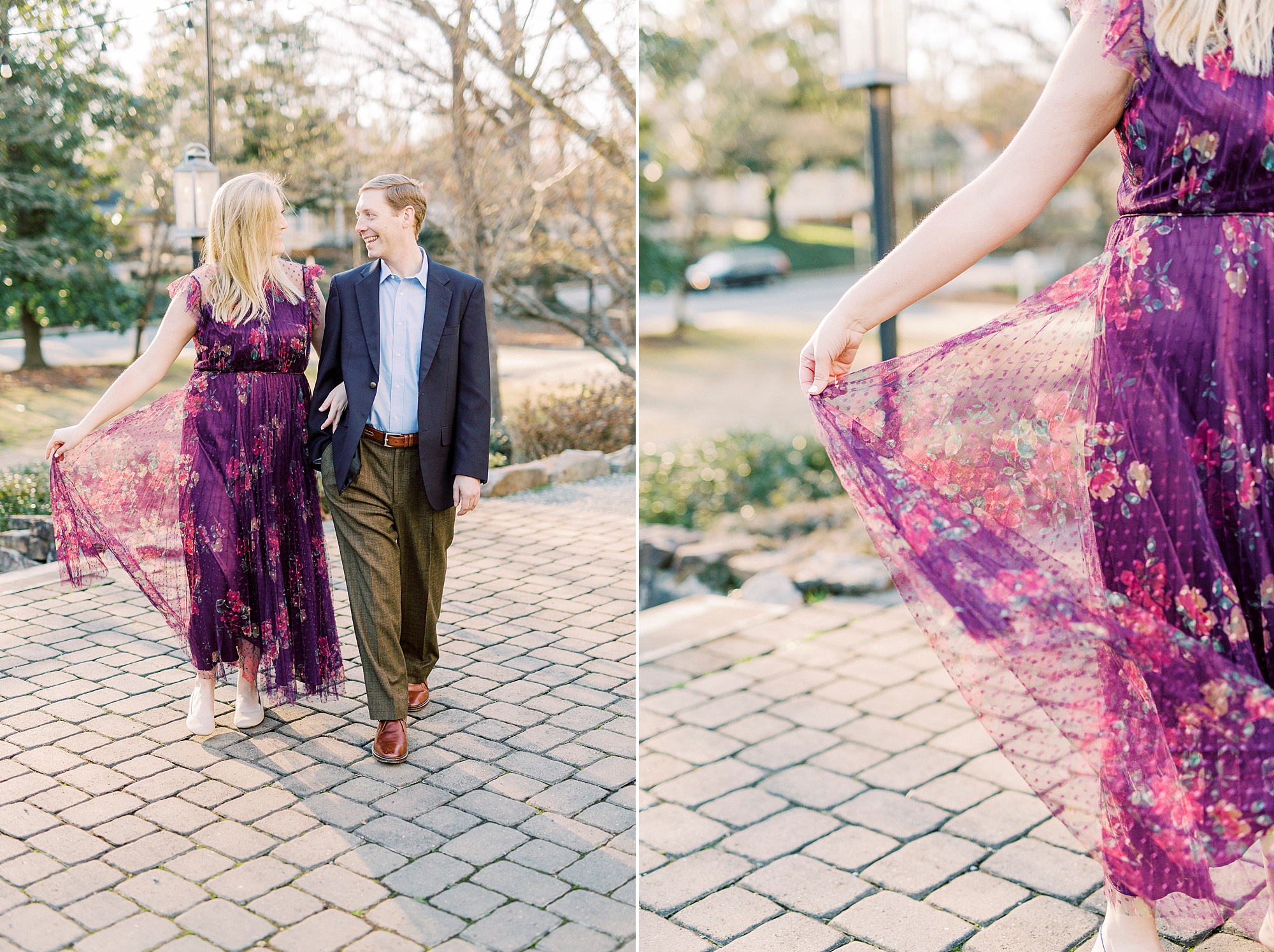 bride shows off skirt during Ritchie Hill engagement session