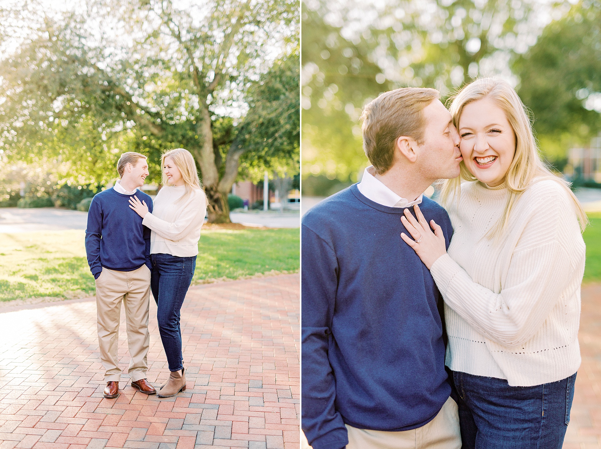 groom leans into bride kissing her cheek during Downtown Concord engagement photos