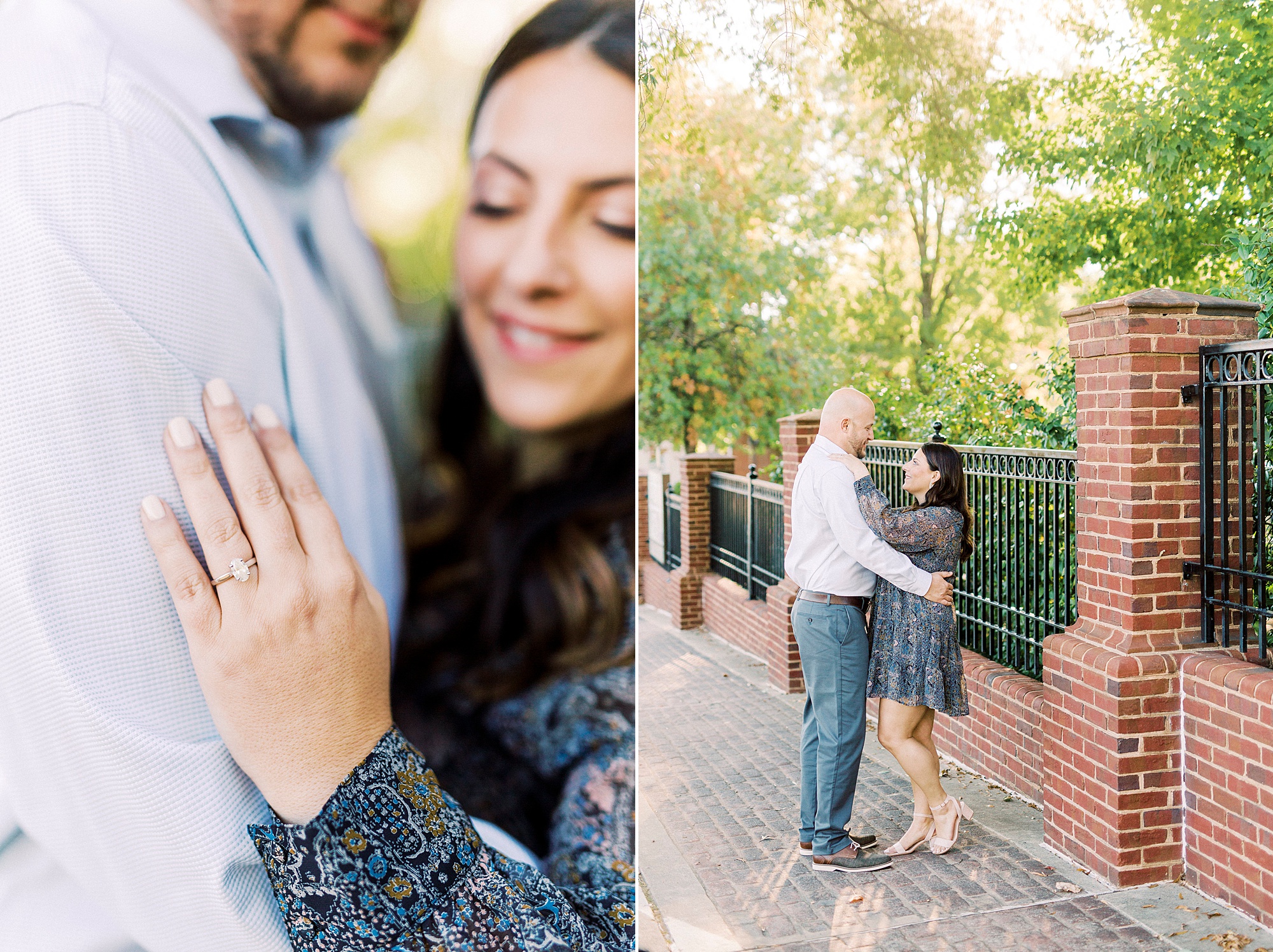 bride shows off engagement ring on groom's arm during Downtown Matthews engagement portraits