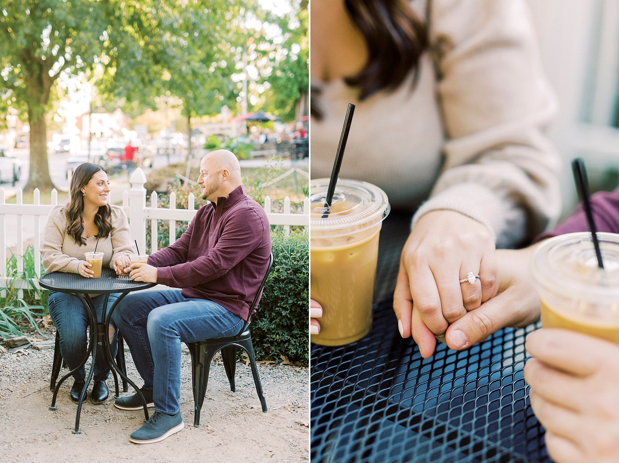 engaged couple sits at coffee shop in Downtown Matthews