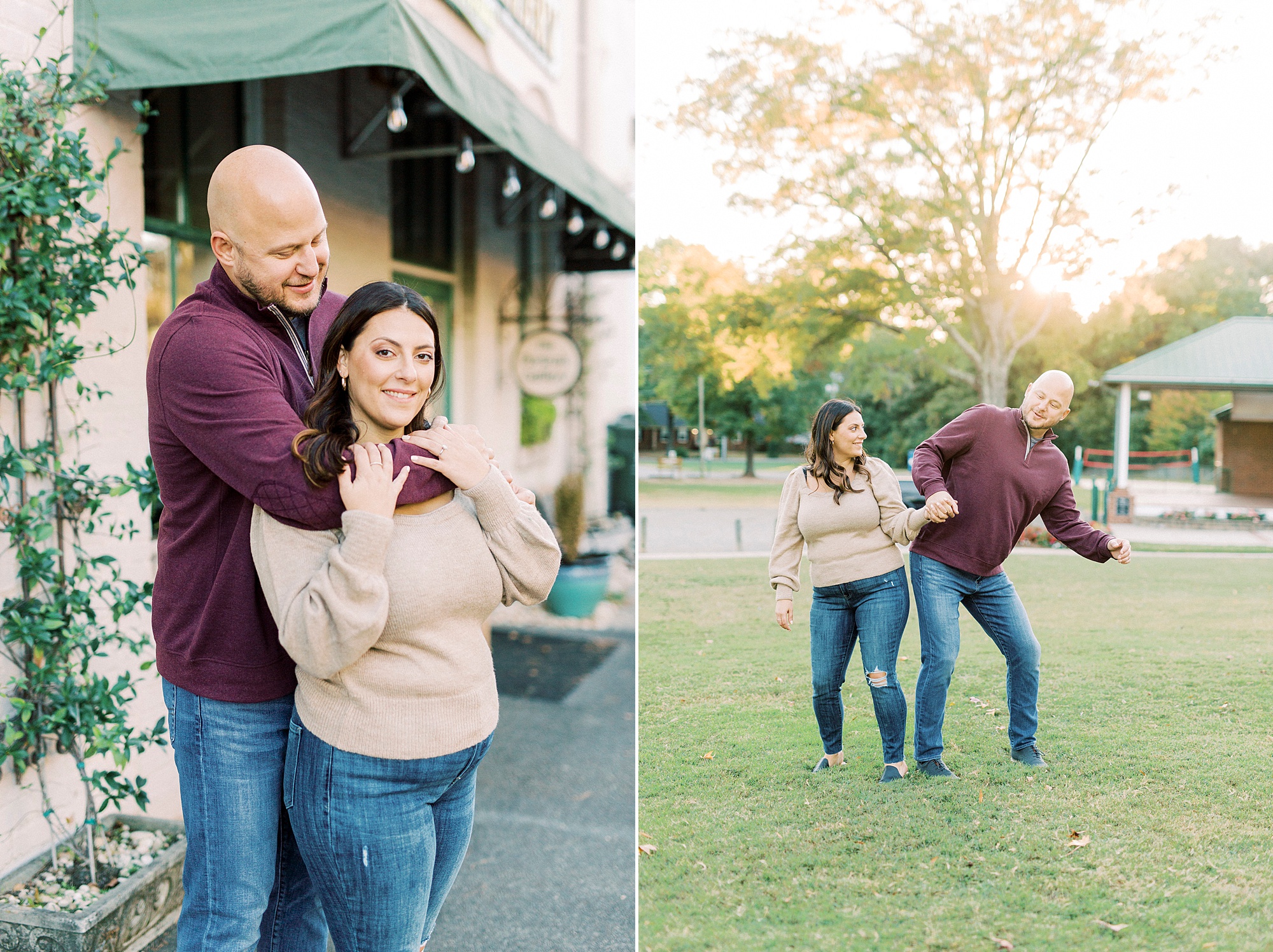 couple laughs during NC engagement session in Downtown Matthews
