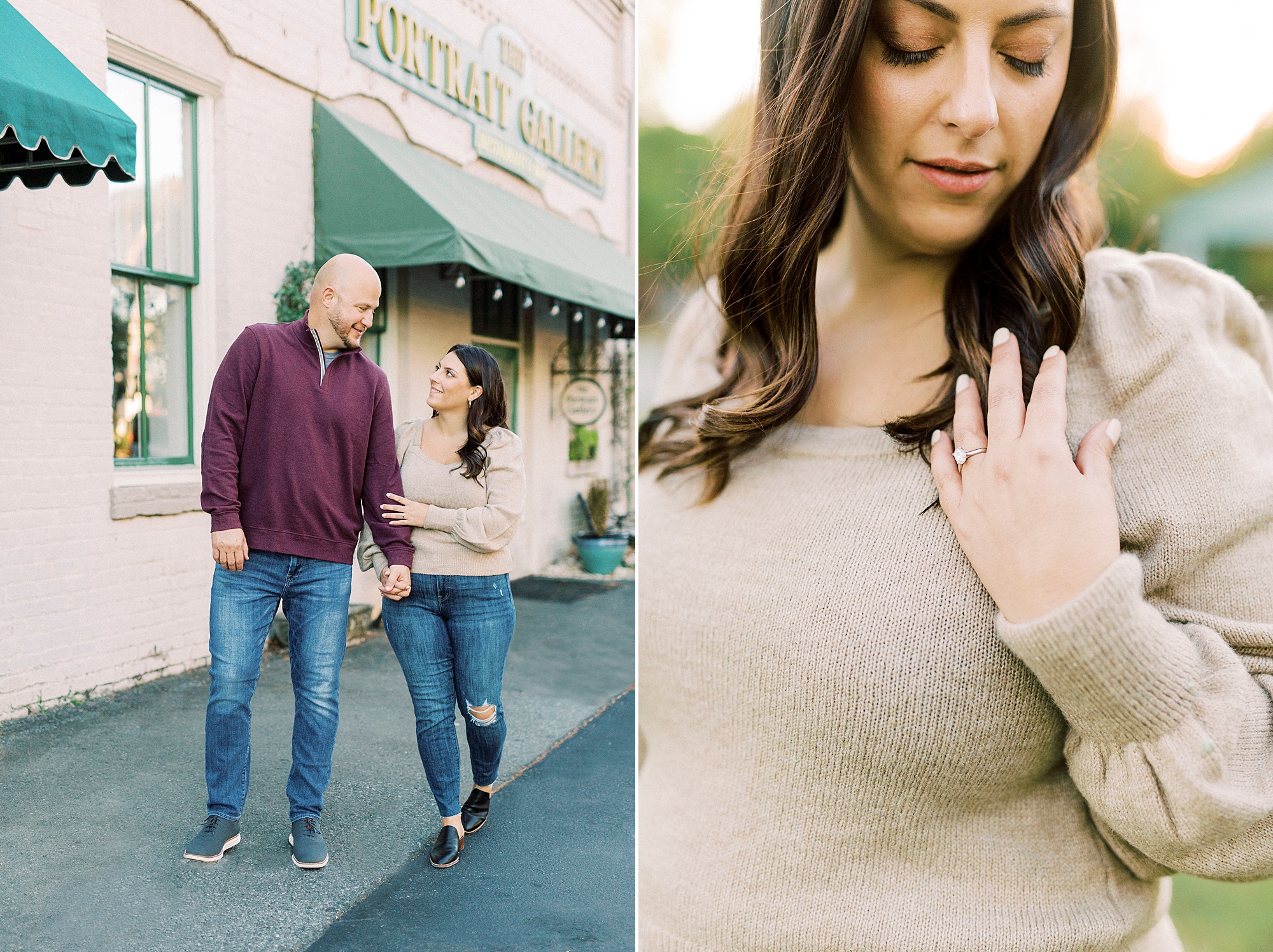 couple walks down street during Downtown Matthews engagement session