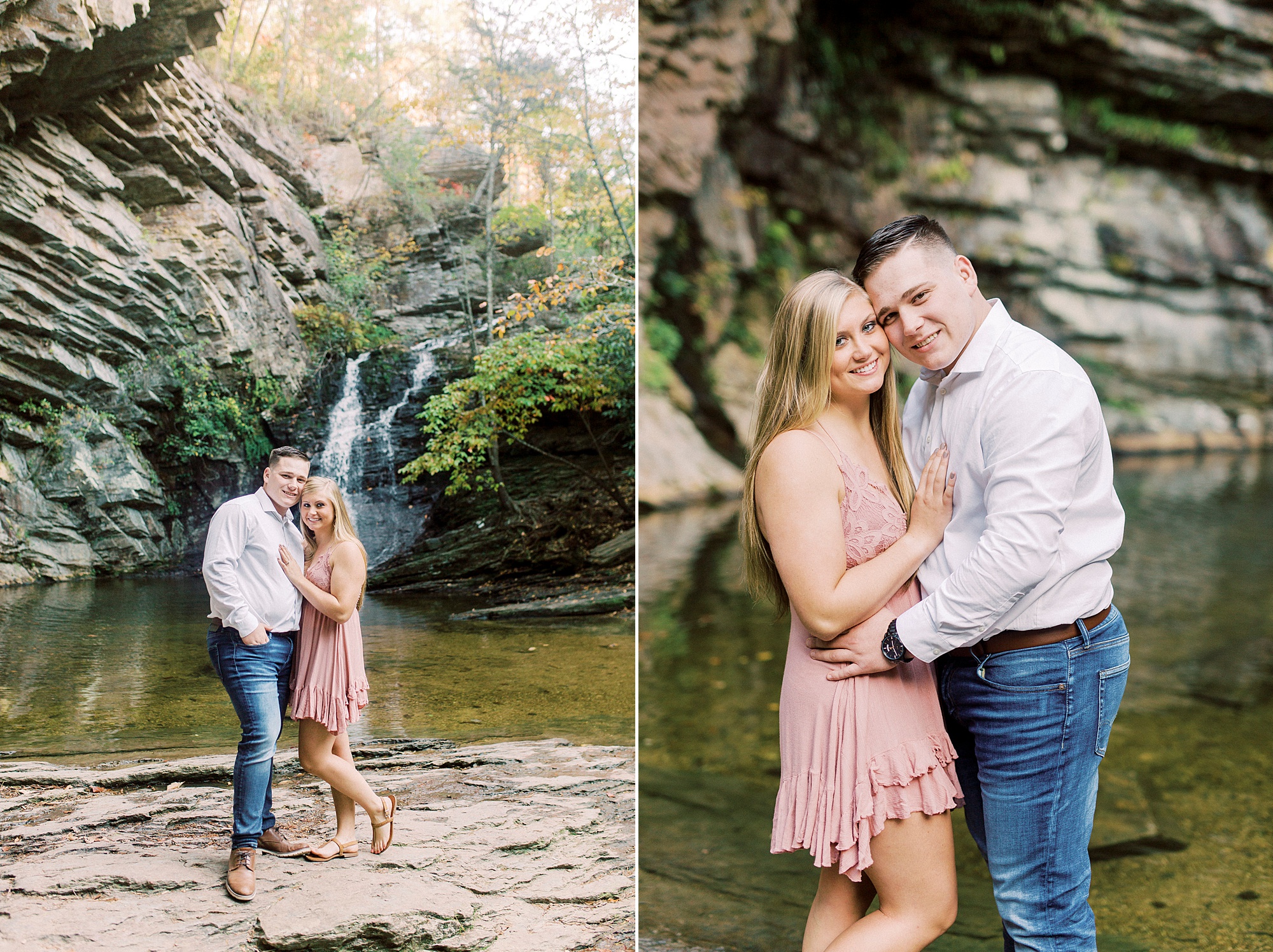 engaged couple poses by rocks at waterfall in Hanging Rock State Park