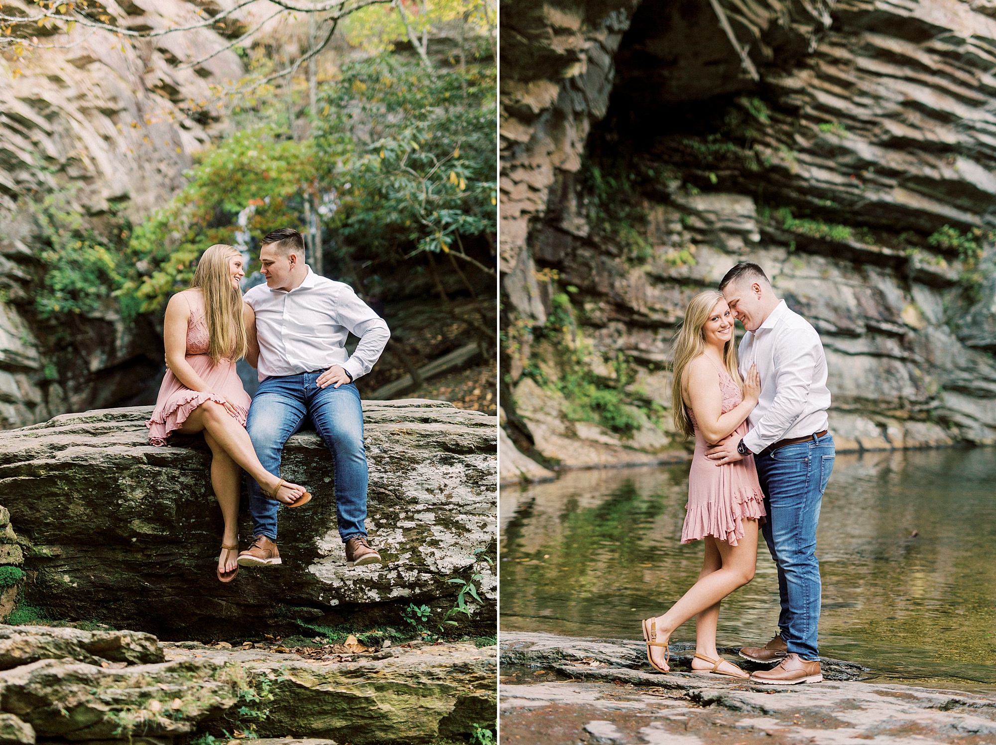 couple laughs together during engagement session in state park