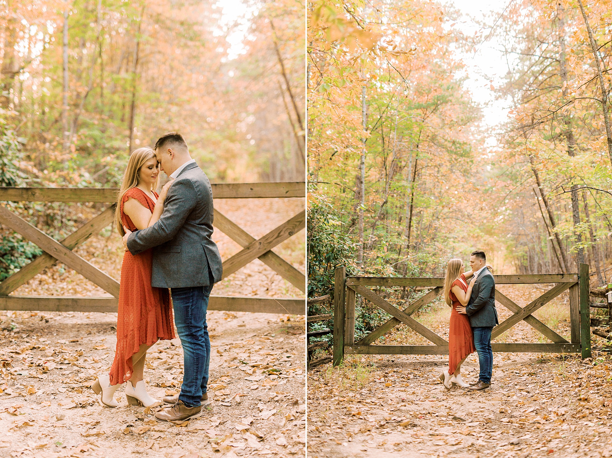 couple hugs by wooden gate in fall leaves
