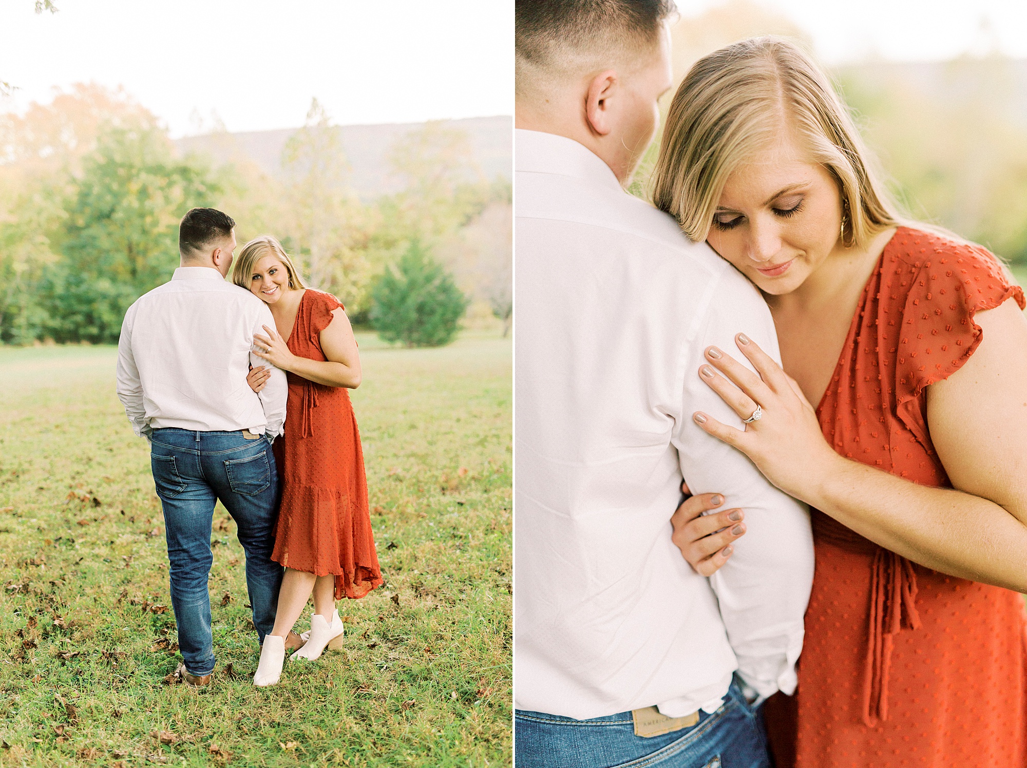engaged couple hugs in yard during NC engagement photos