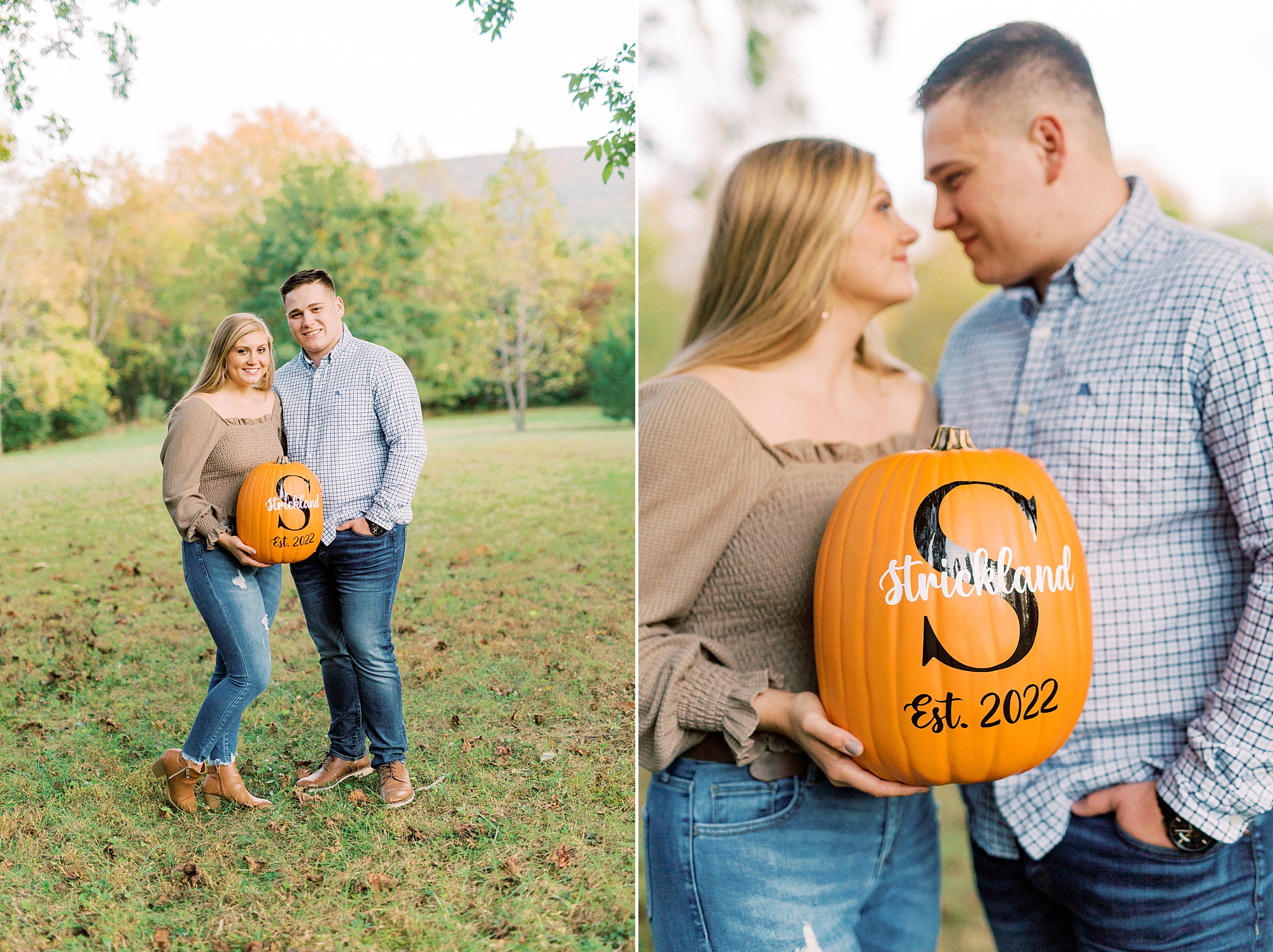 bride and groom hold pumpkins with save the date