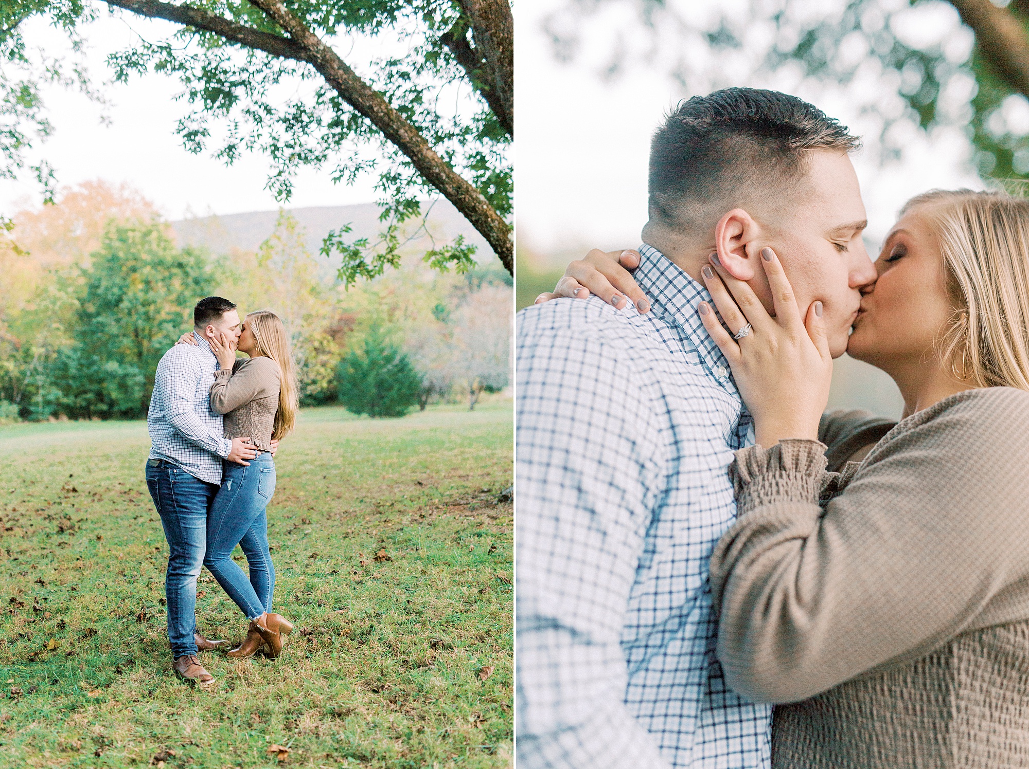 engaged couple kisses under tree during fall photos
