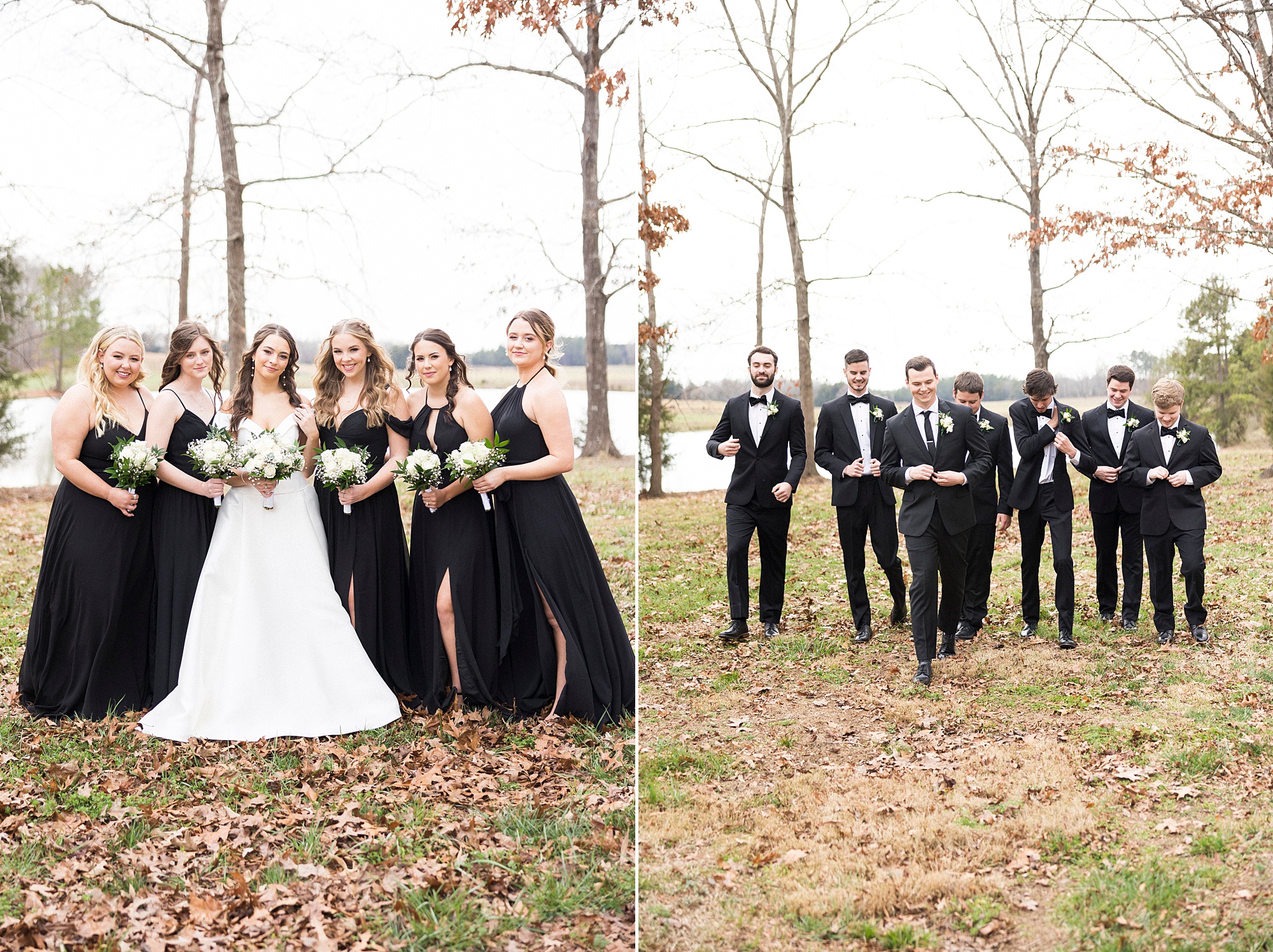 bridesmaids and groomsmen walk with bride and groom