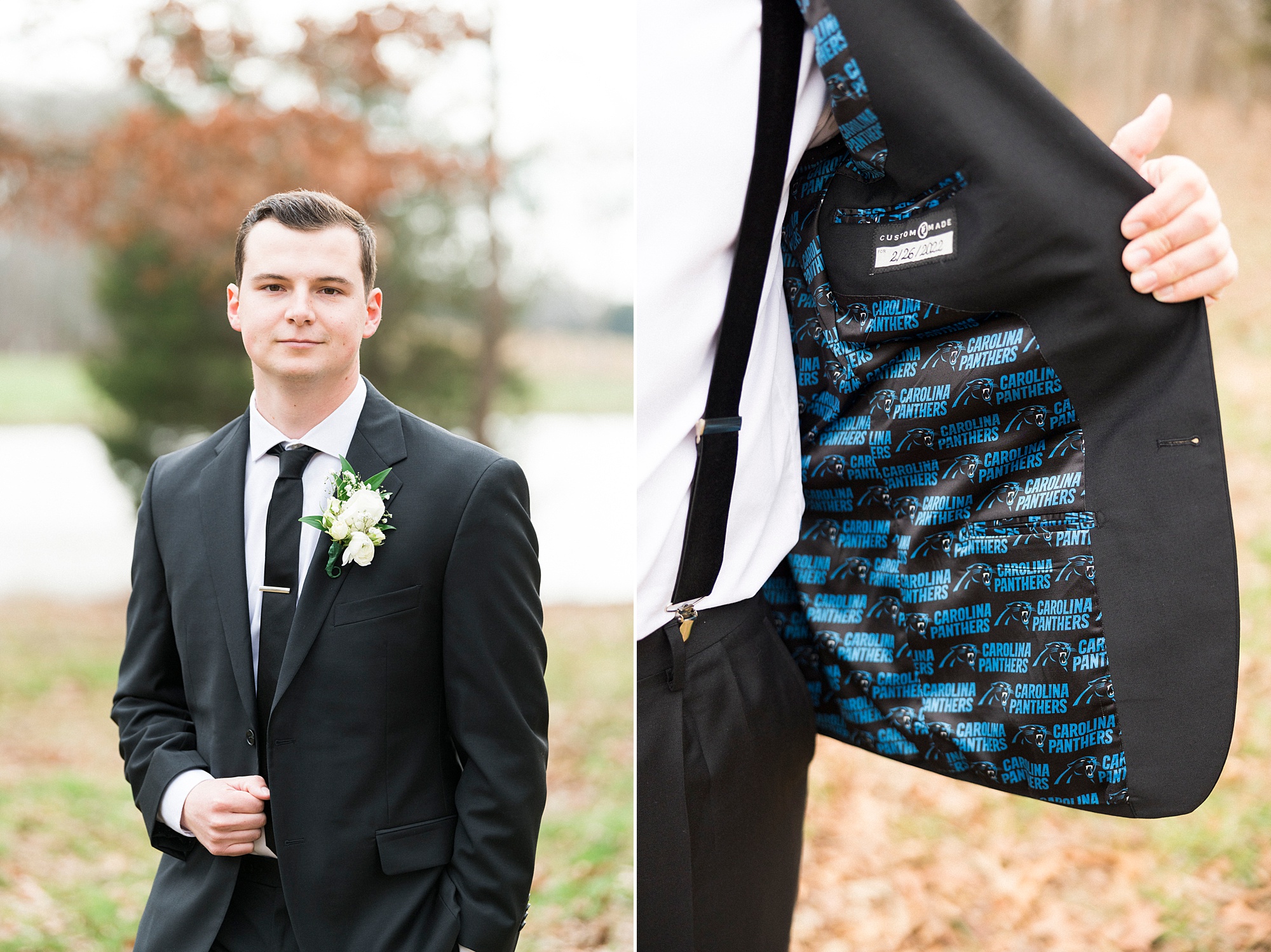 groom shows off custom lining in black suit for wedding