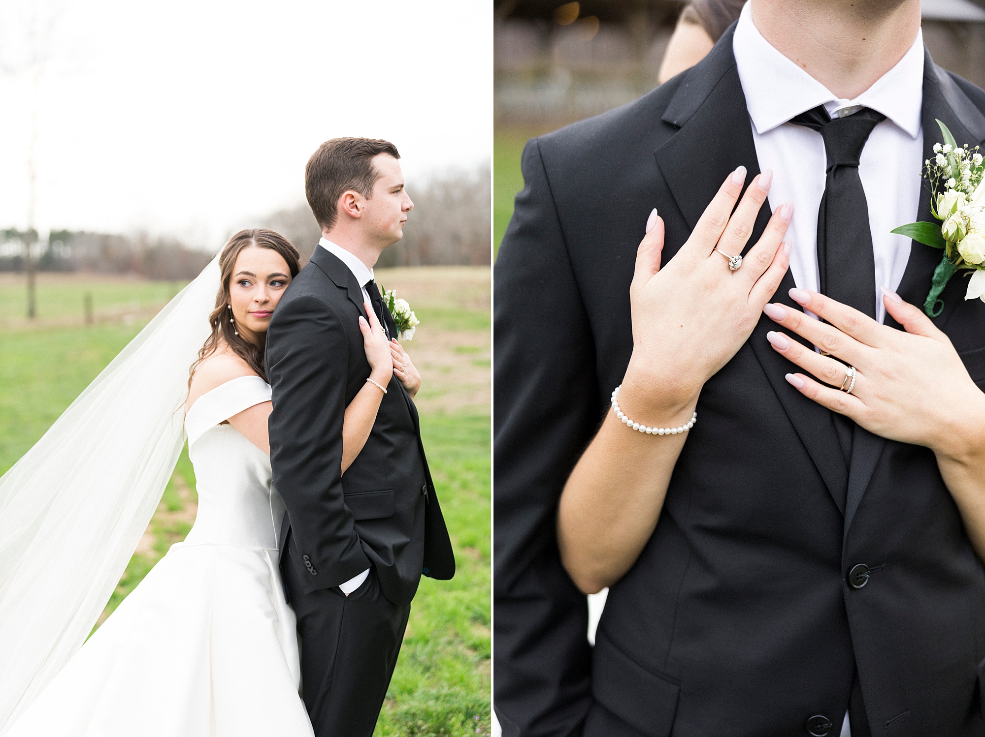bride hugs groom laying hands on chest during NC wedding photos