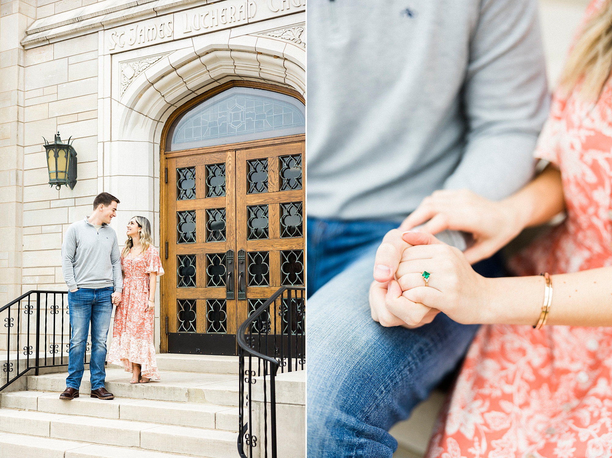 engaged couple holds hands standing on steps of church in Concord NC