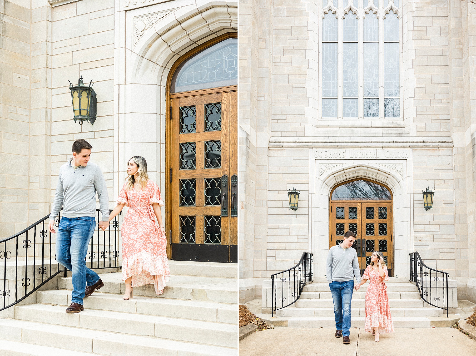 bride and groom pose on steps of church during Downtown Concord engagement session