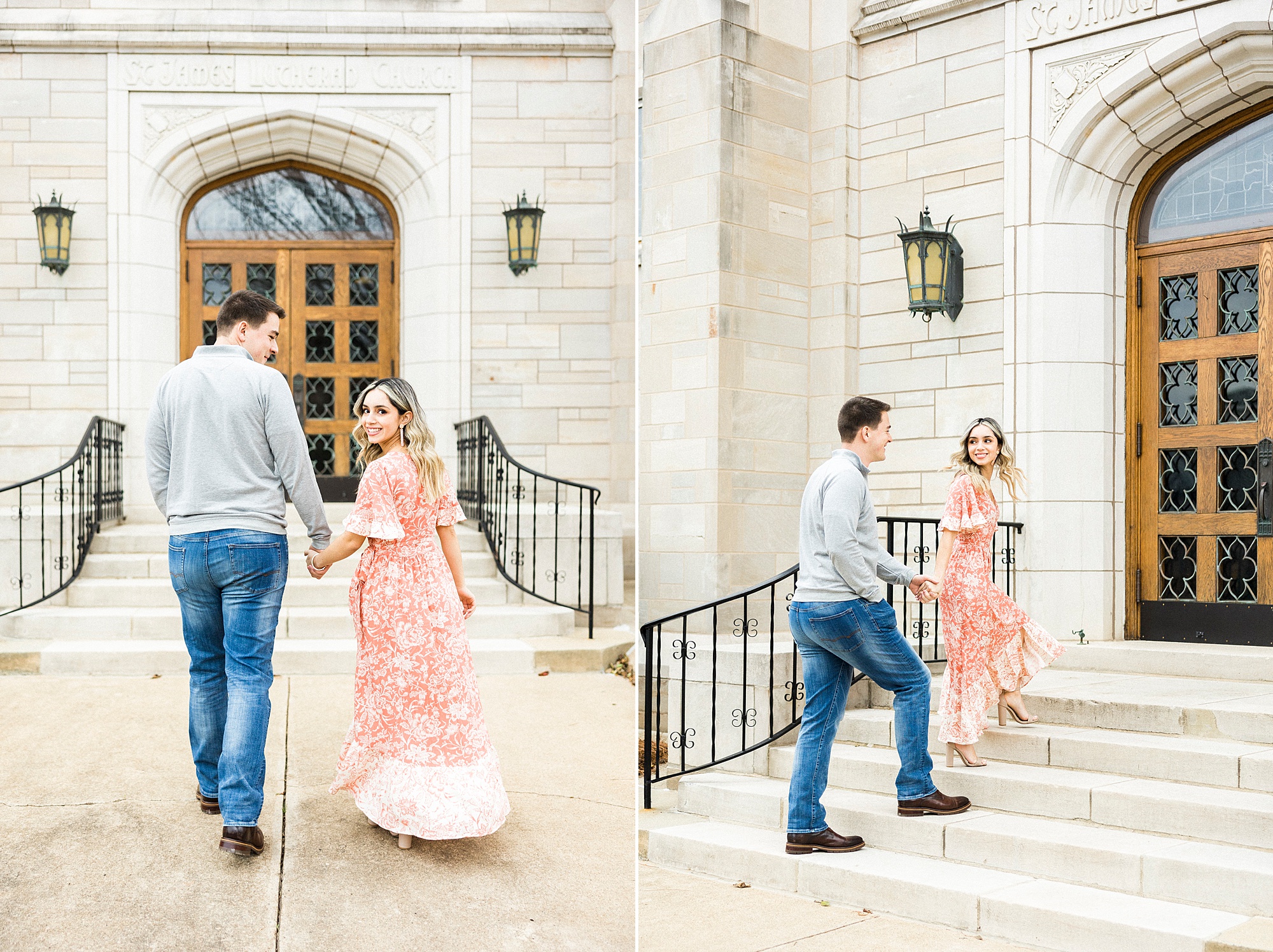 engaged couple holds hands walking up steps of St. James Lutheran Church