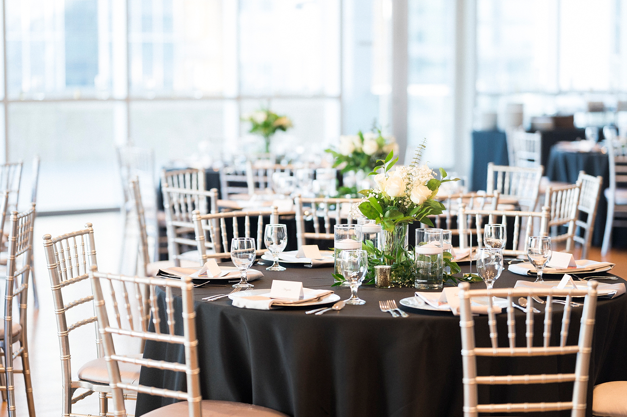 Mint Museum Uptown wedding reception with black and white details