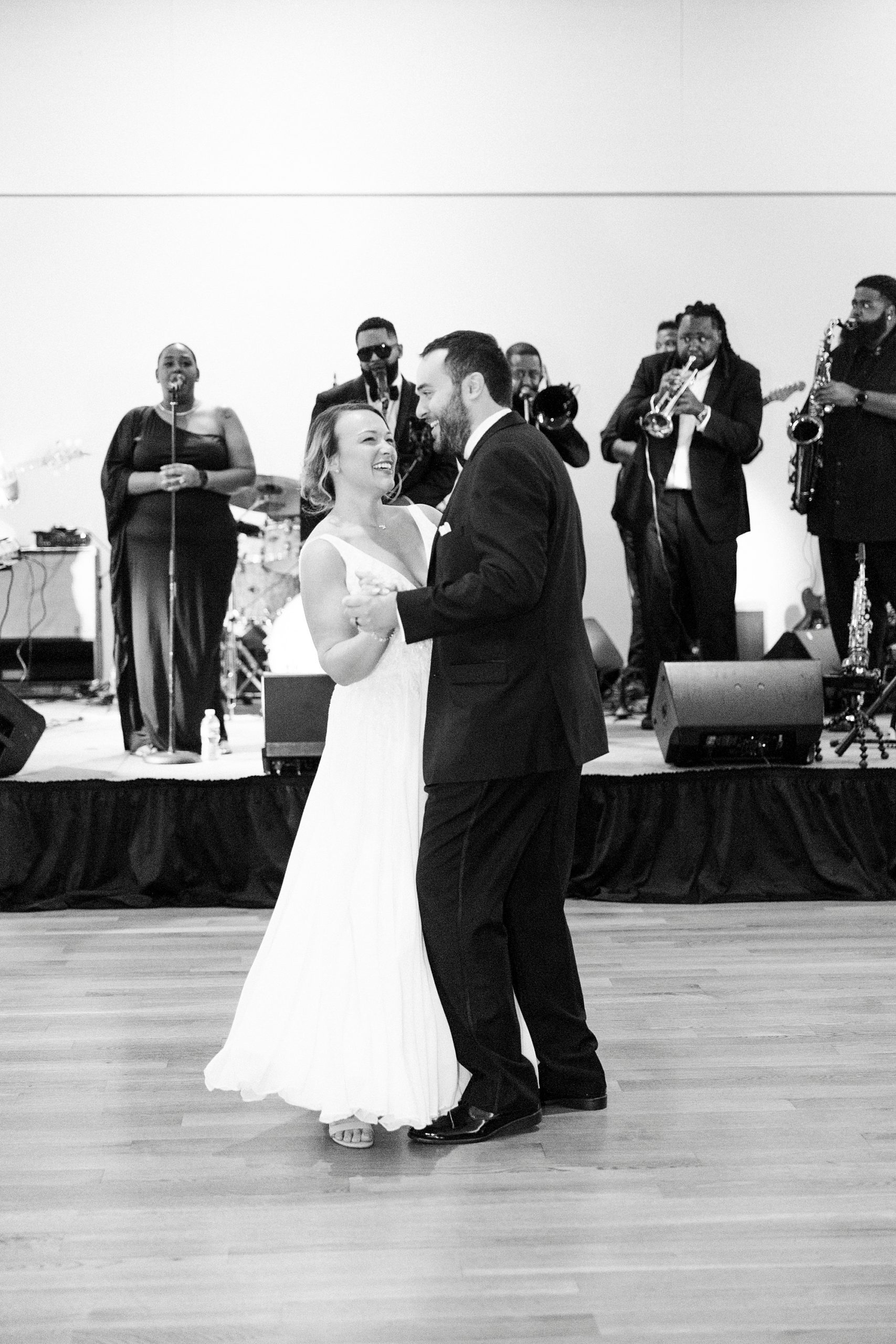 bride and groom have first dance during NC wedding reception