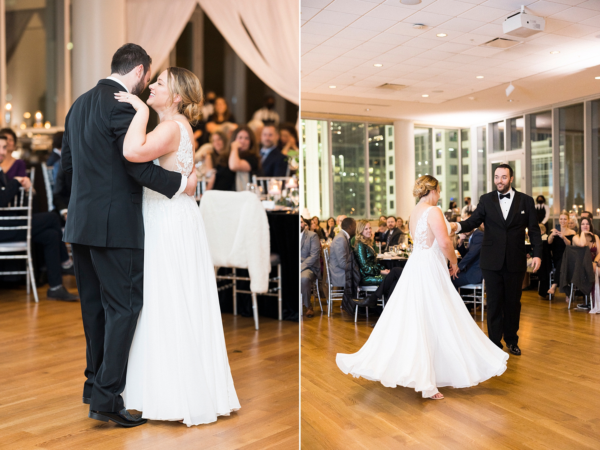 bride dances with husband during reception at Mint Museum Uptown