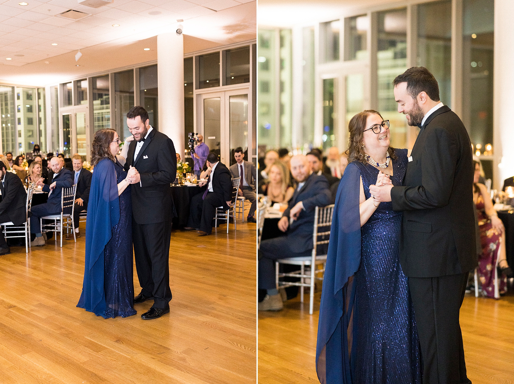 groom dances with mom during Mint Museum Uptown wedding reception