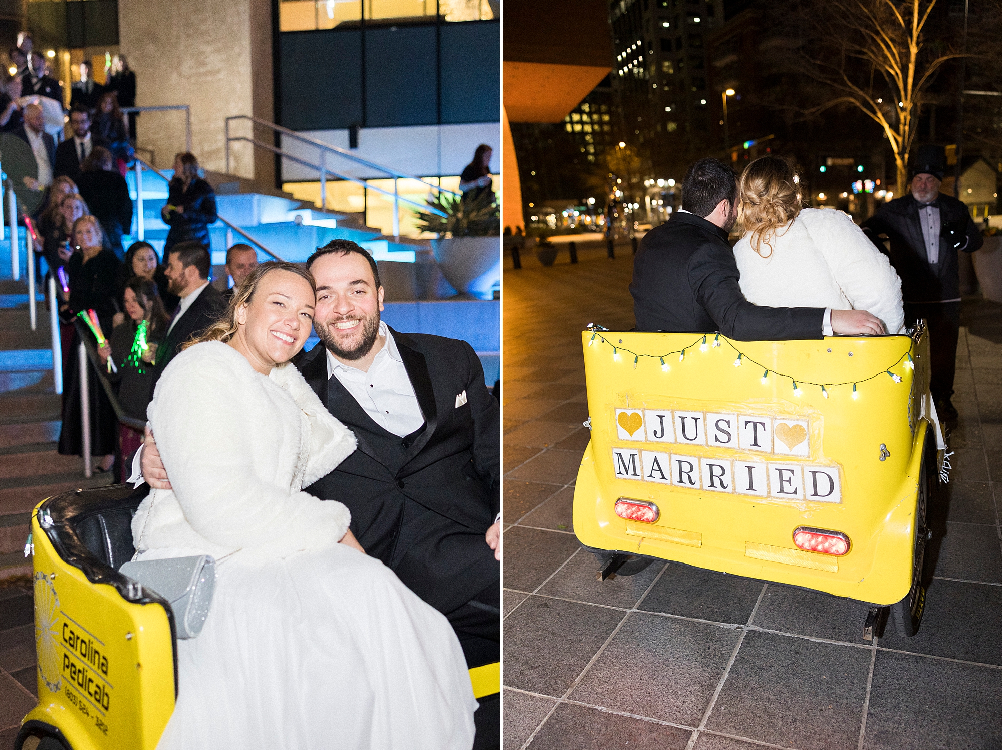 newlyweds leave in pedi-cab after Mint Museum Uptown wedding