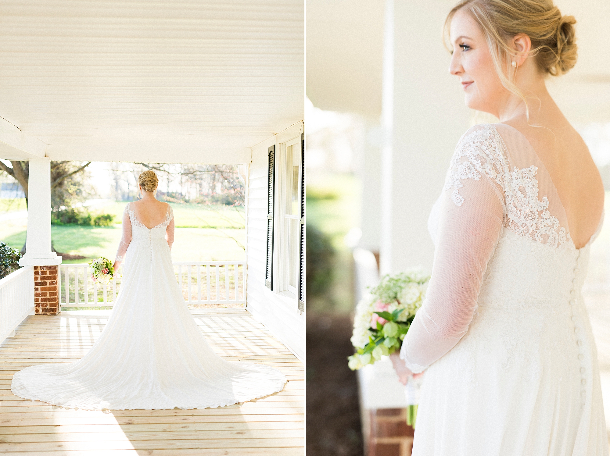 bride poses on steps of Mooresville farmhouse