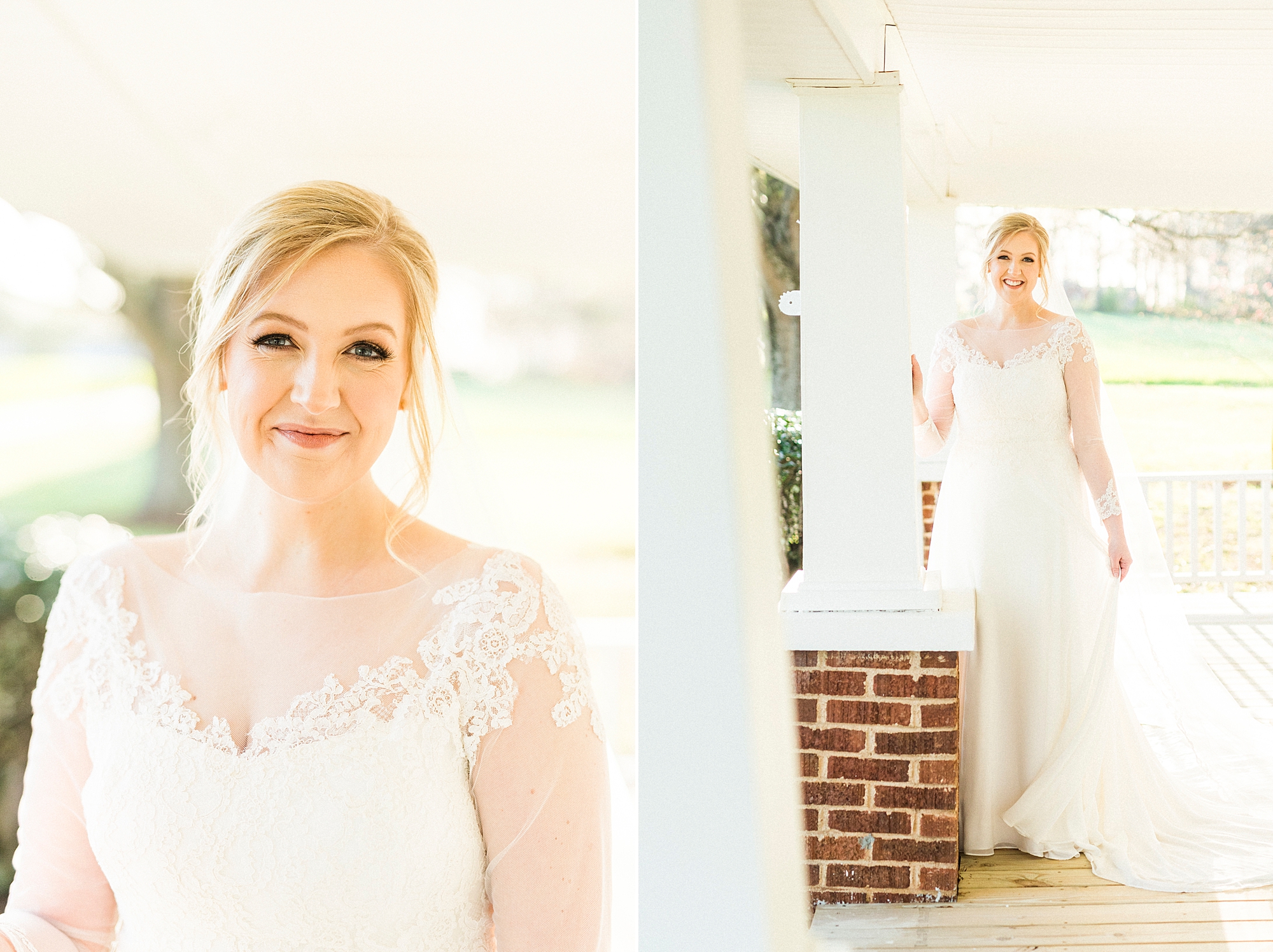 Mooresville bridal portraits on front porch of farmhouse