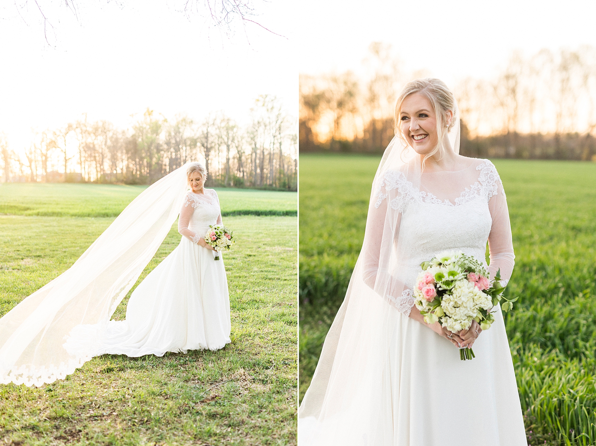sunset Mooresville bridal portraits in field