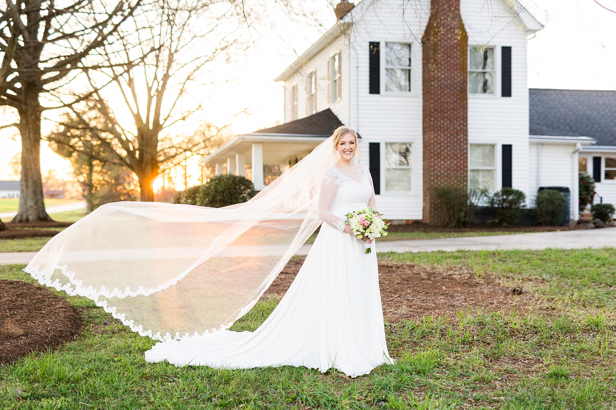 sunset Mooresville bridal portraits by farmhouse