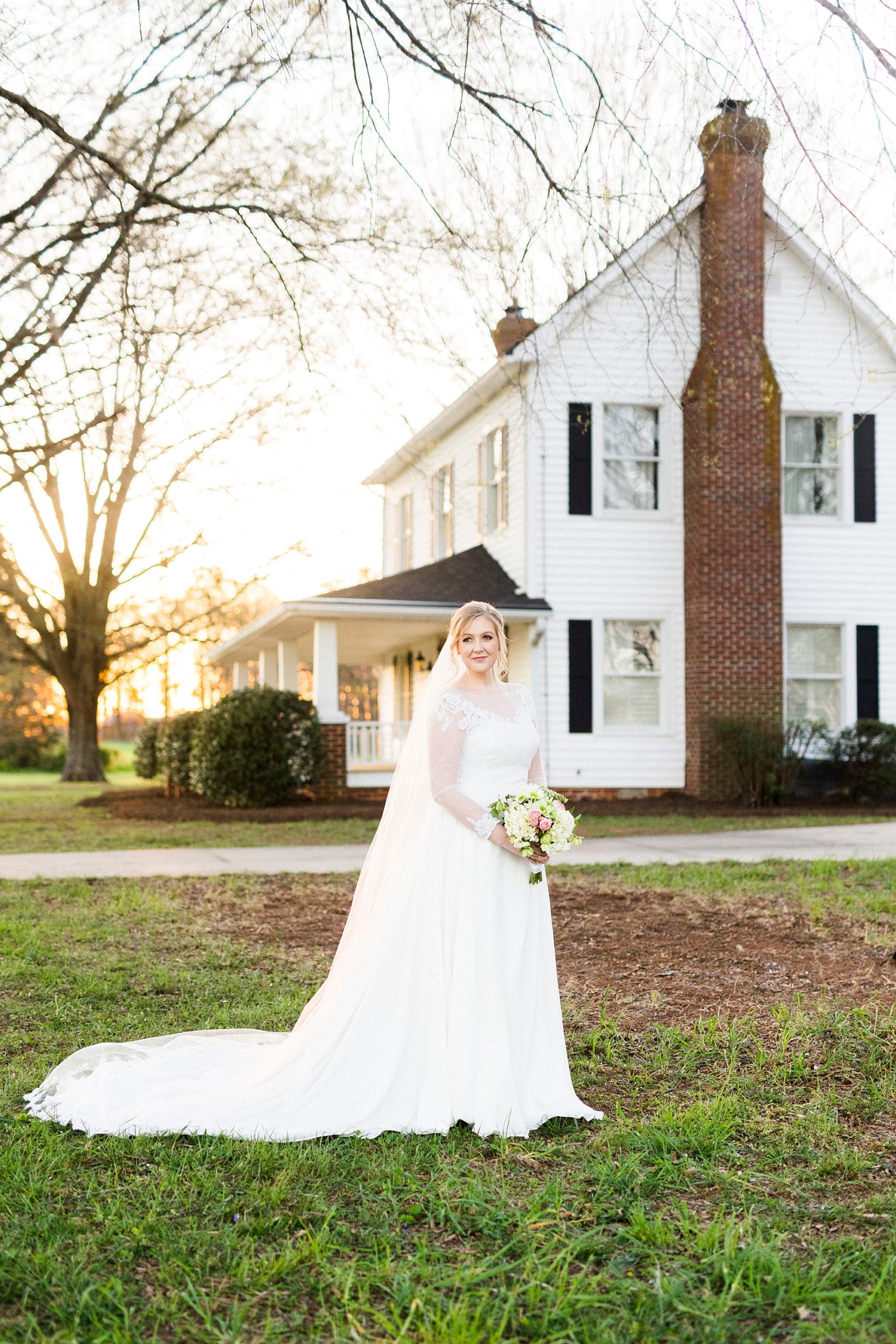 sunset Mooresville bridal portraits by old farmhouse