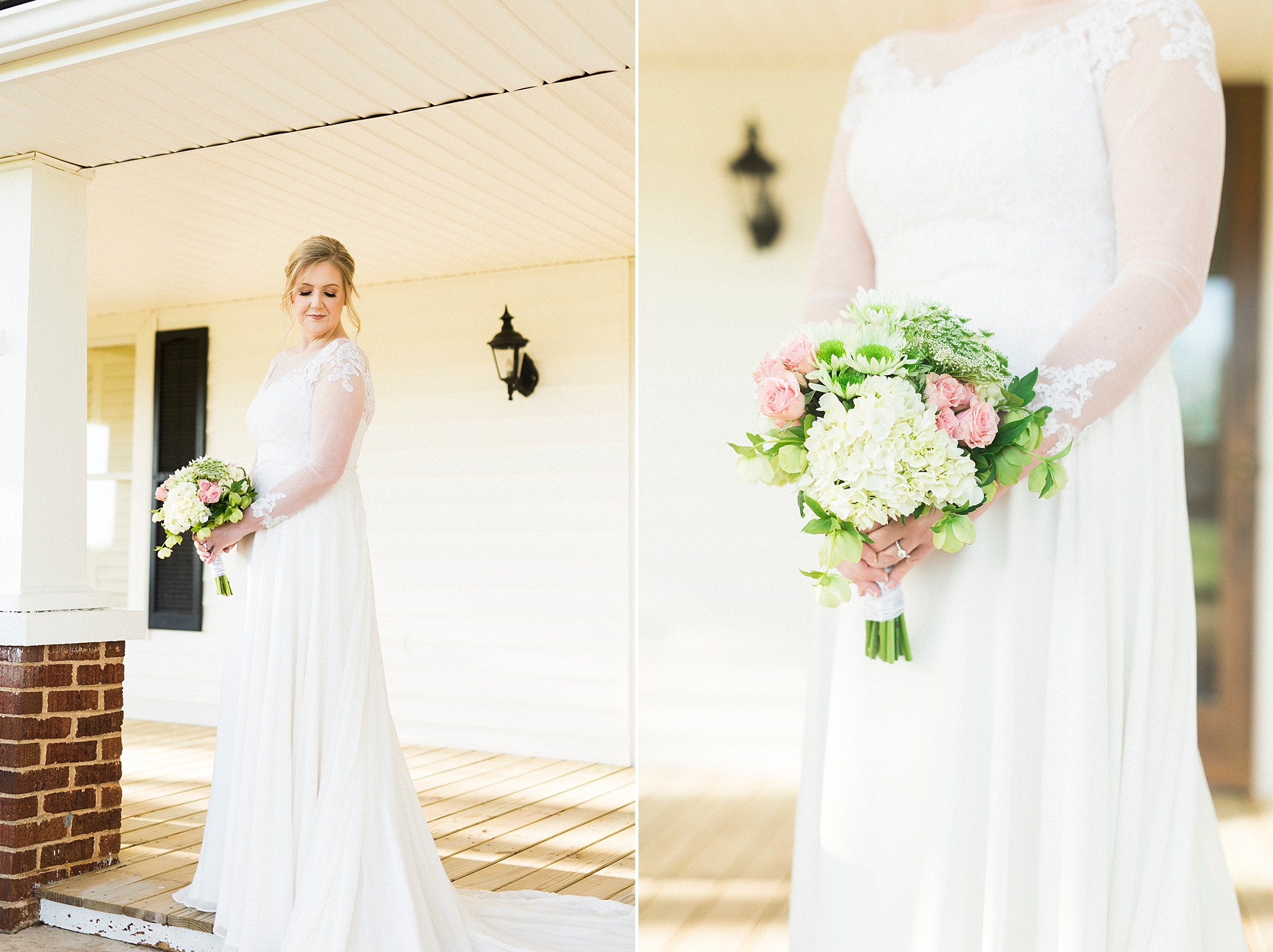 bride poses on steps of farmhouse during bridal portraits in custom gown