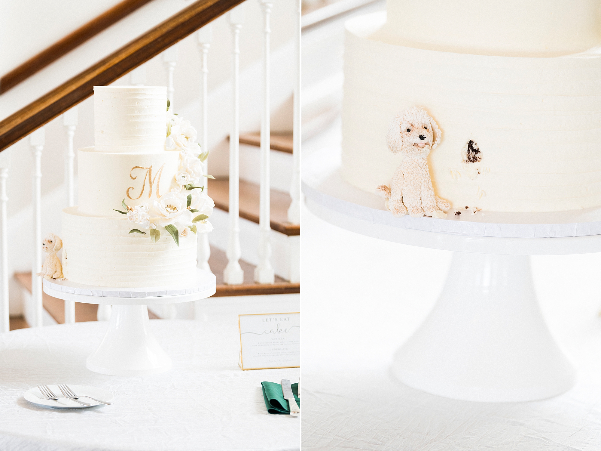 tiered wedding cake with dog details for spring Separk Mansion wedding reception