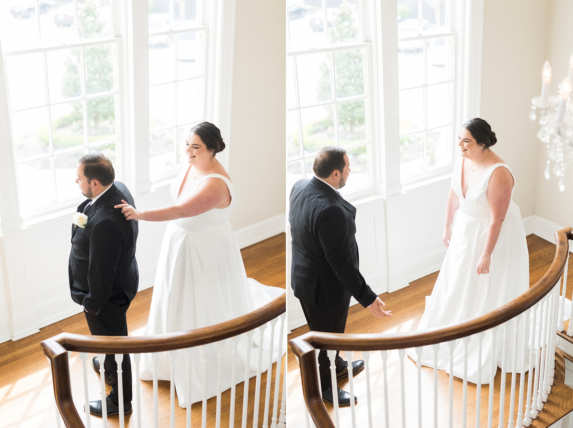 bride and groom meet for first look before spring Separk Mansion wedding on staircase 