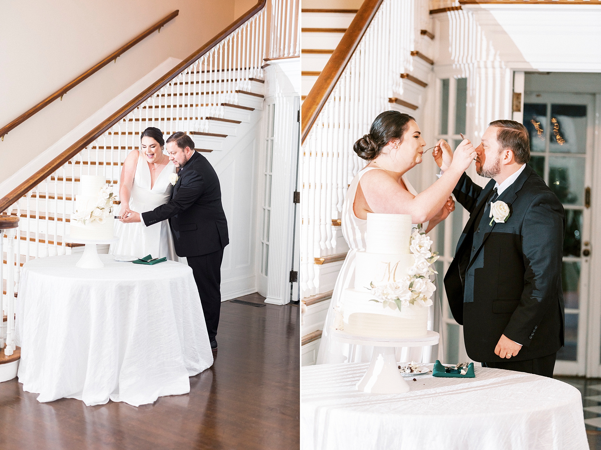couple feeds each other cake during NC wedding reception