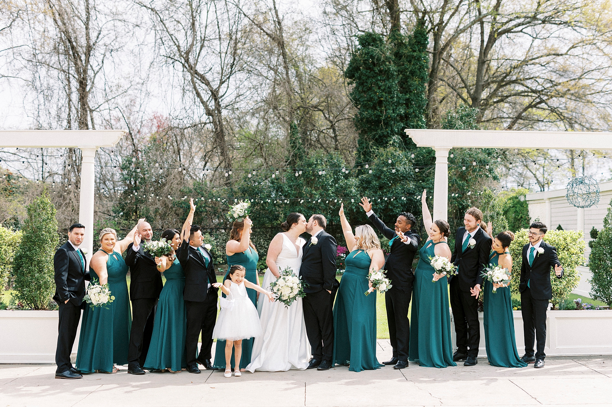 spring wedding day at Separk Mansion with wedding party in green and black