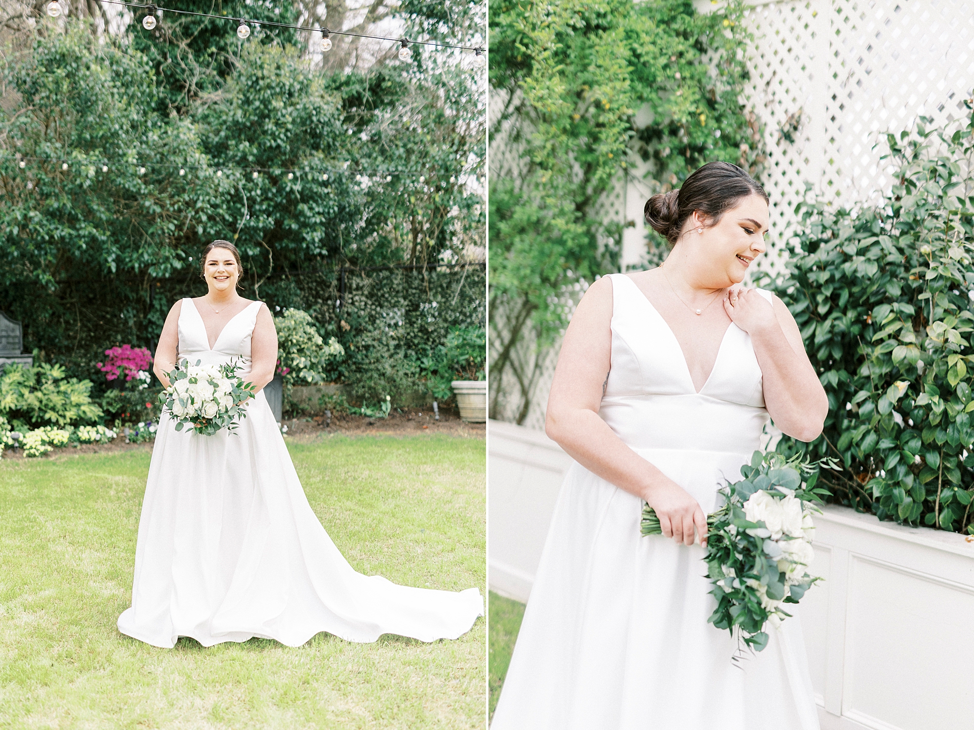 bride poses in gardens at Separk Mansion in classic wedding gown