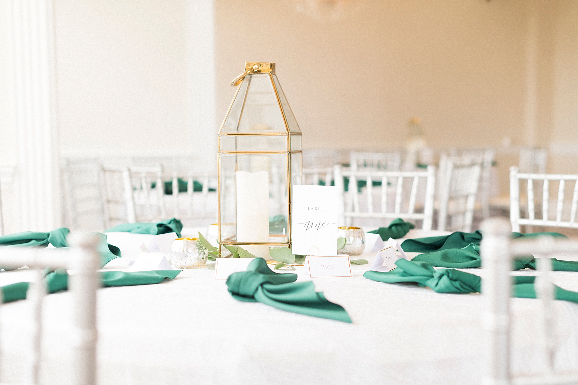 spring wedding reception with gold, white, and green details at Separk Mansion