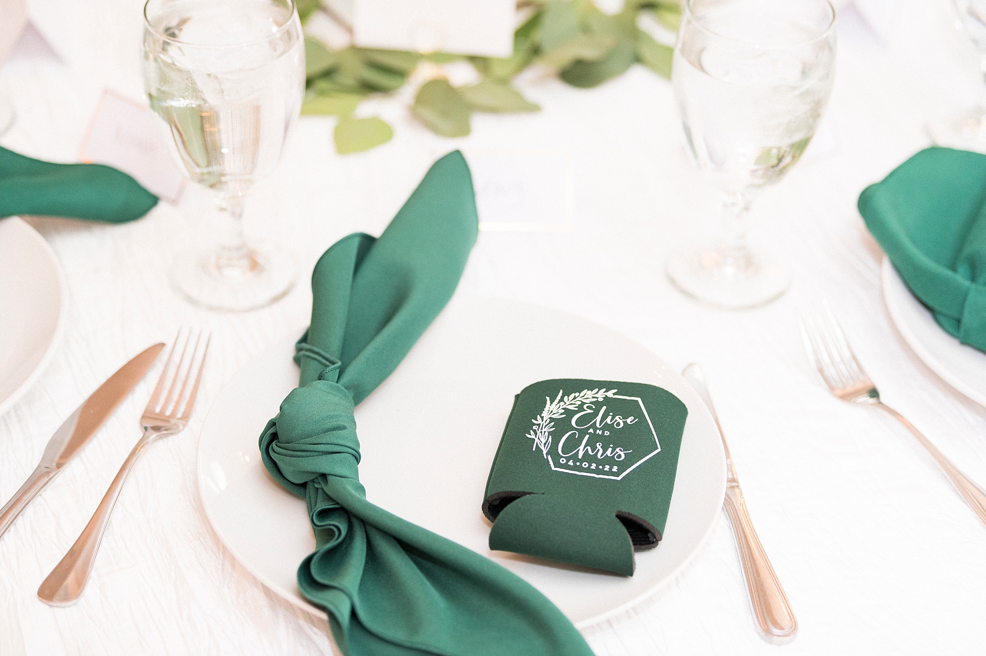 green napkins and koozies for Gastonia NC reception 