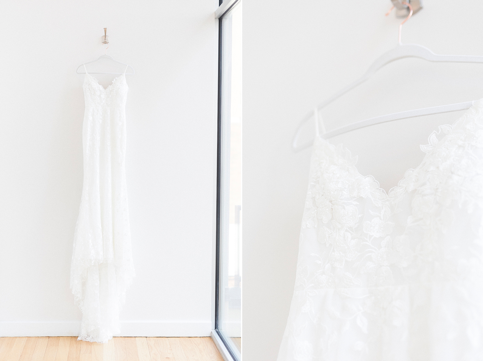 wedding gown hangs in bridal suite in Raleigh NC