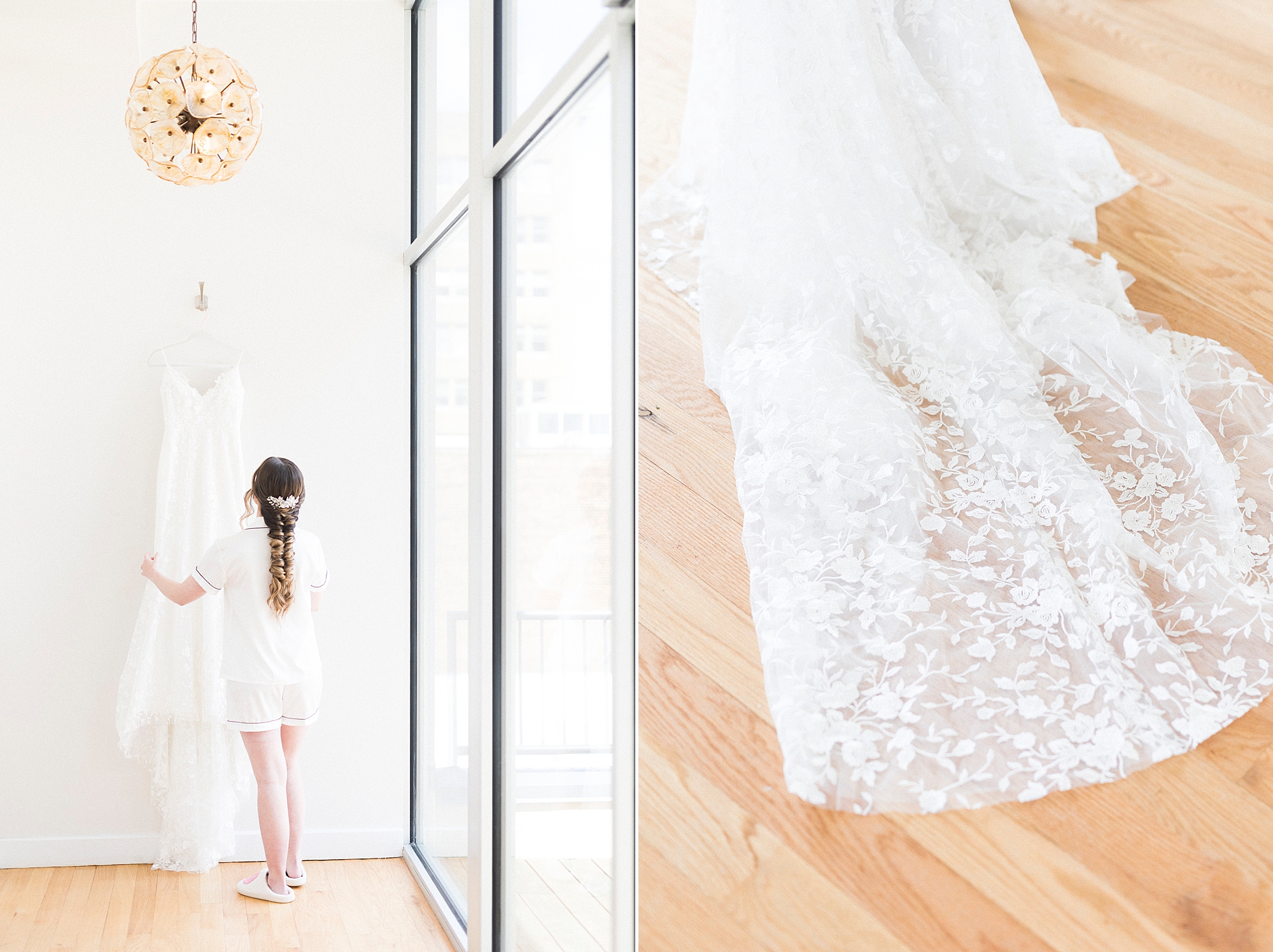 bride looks at wedding gown hanging on the wall at Stockroom at 230