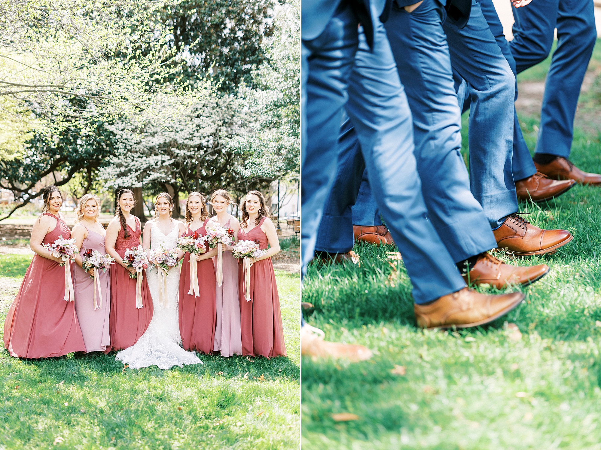 bridesmaids stand together in mismatched gowns with groomsmen in navy suits