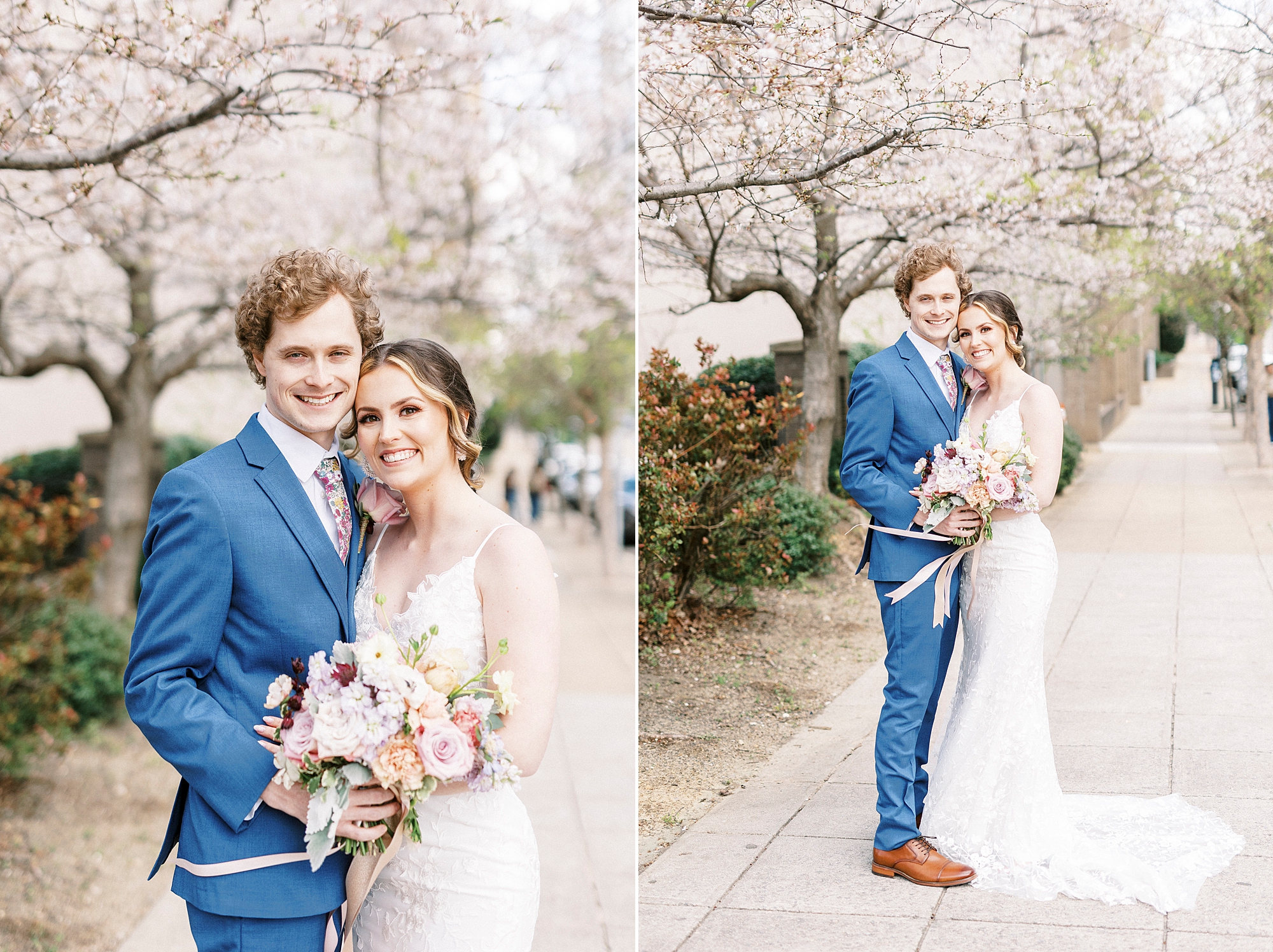 couple hugs by cherry blossom trees during spring wedding photos