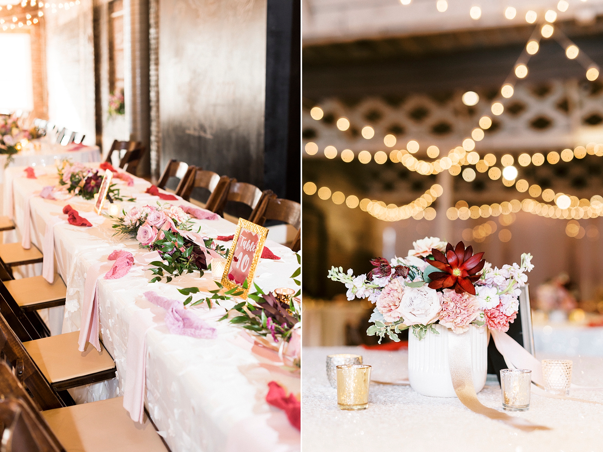 spring wedding reception at Stockroom at 230 with pink and gold details