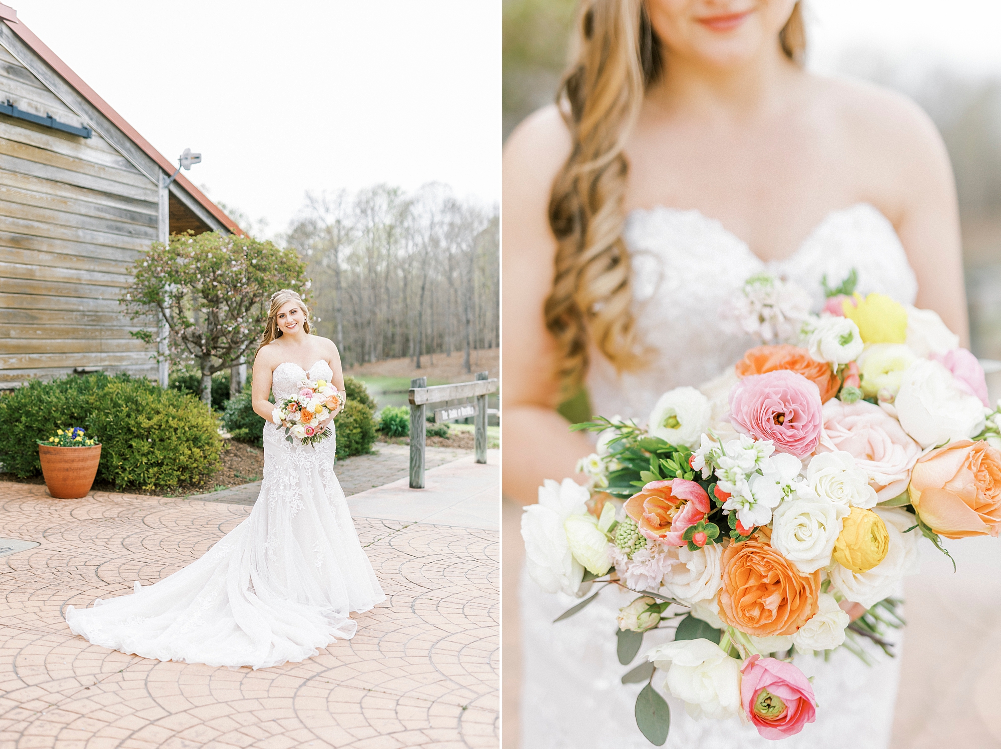 bride holds colorful bouquet during The Stable at Riverview bridal portraits 