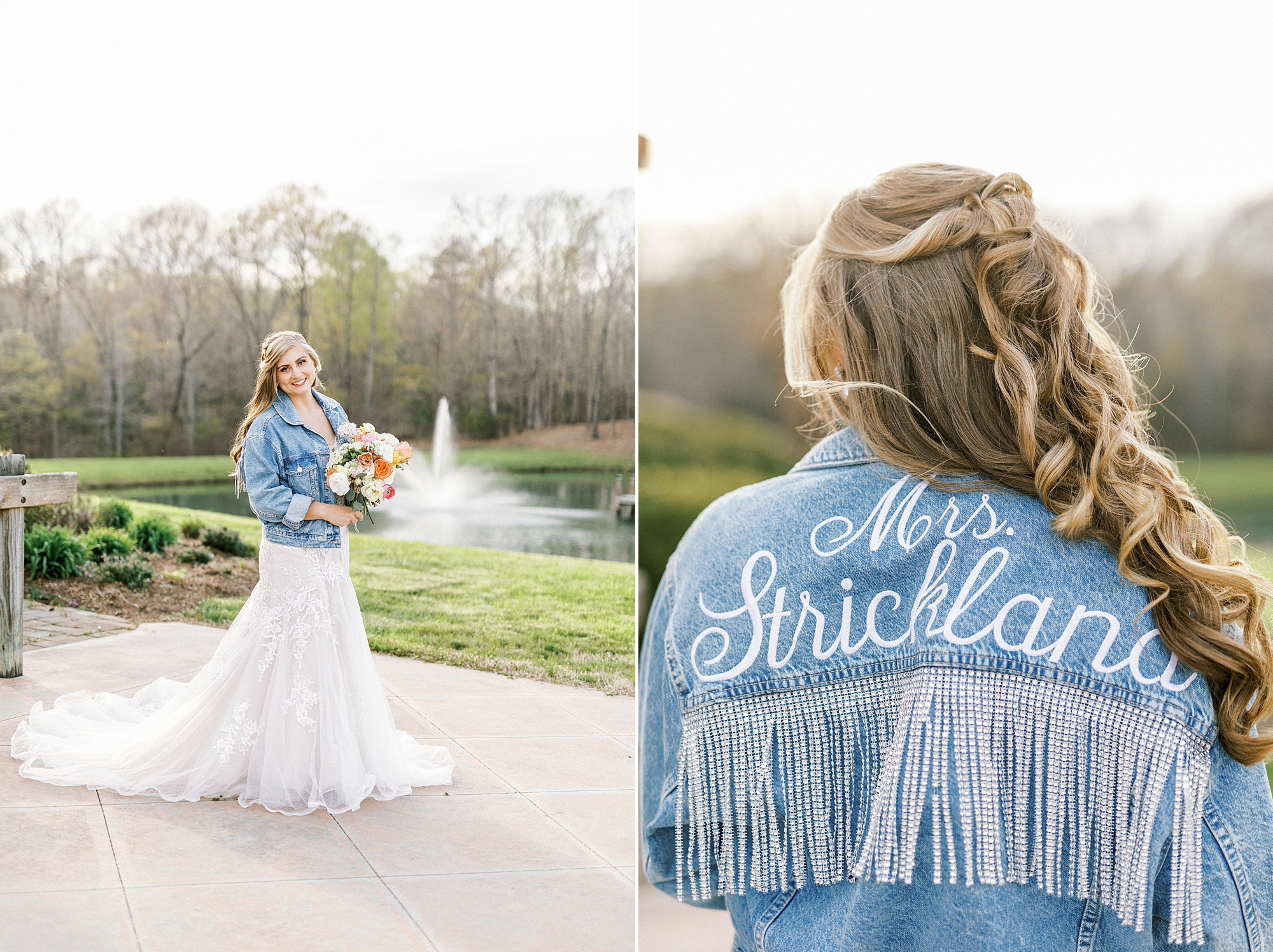 bride poses in custom jean jacket during The Stable at Riverview bridal portraits