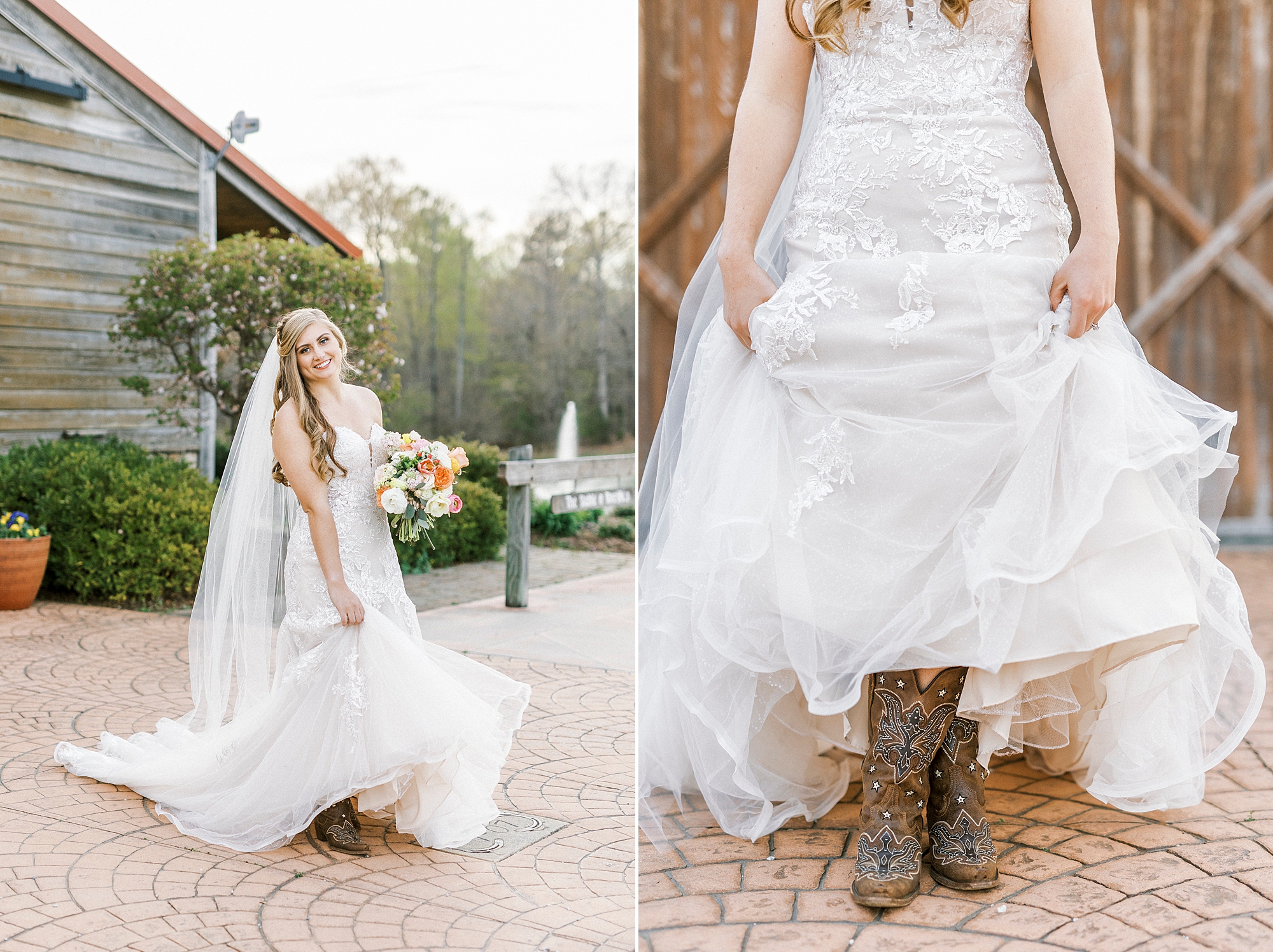 country bride shows off custom cowboy boots under wedding gown