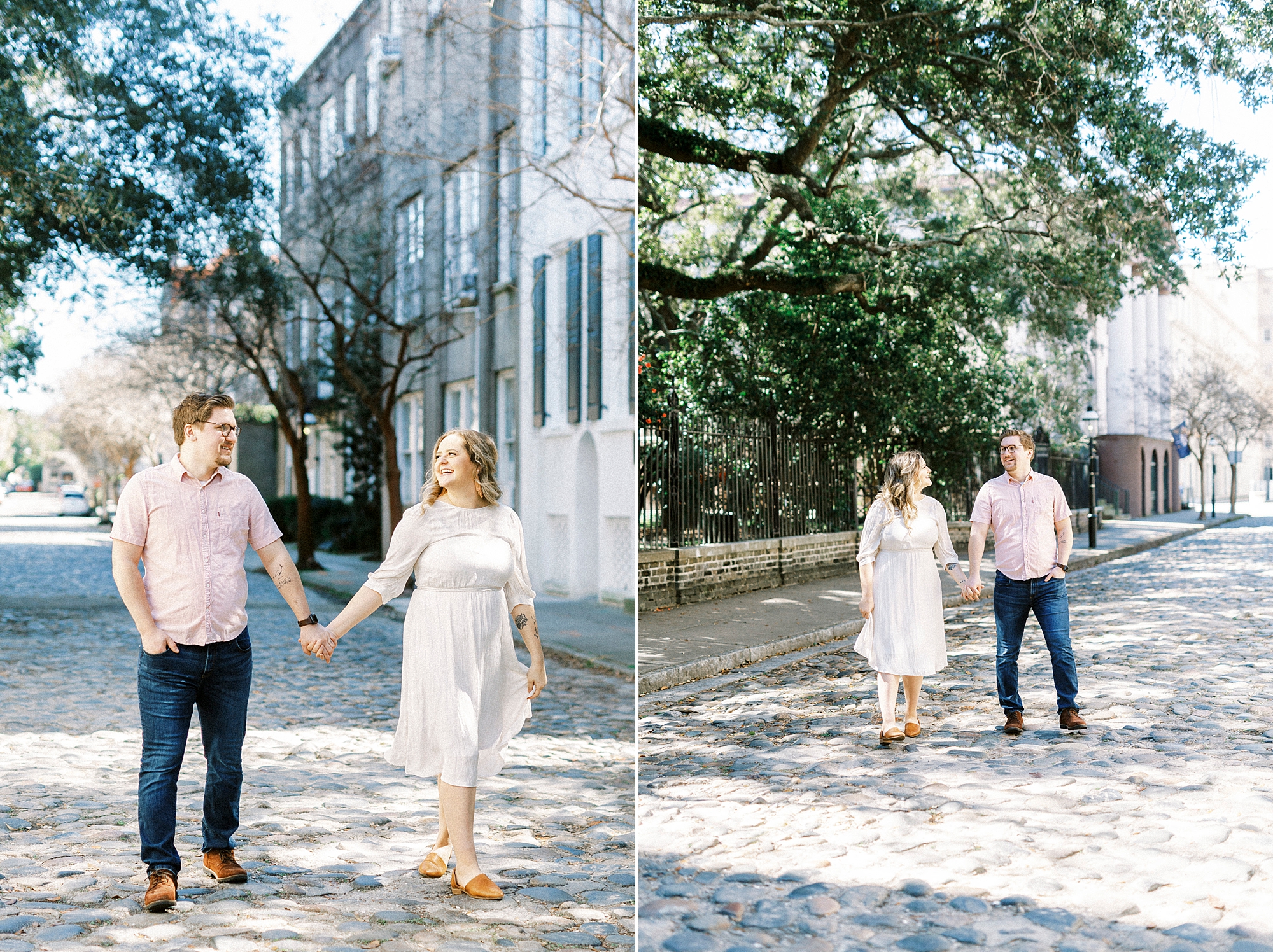 couple walks through downtown Charleston 