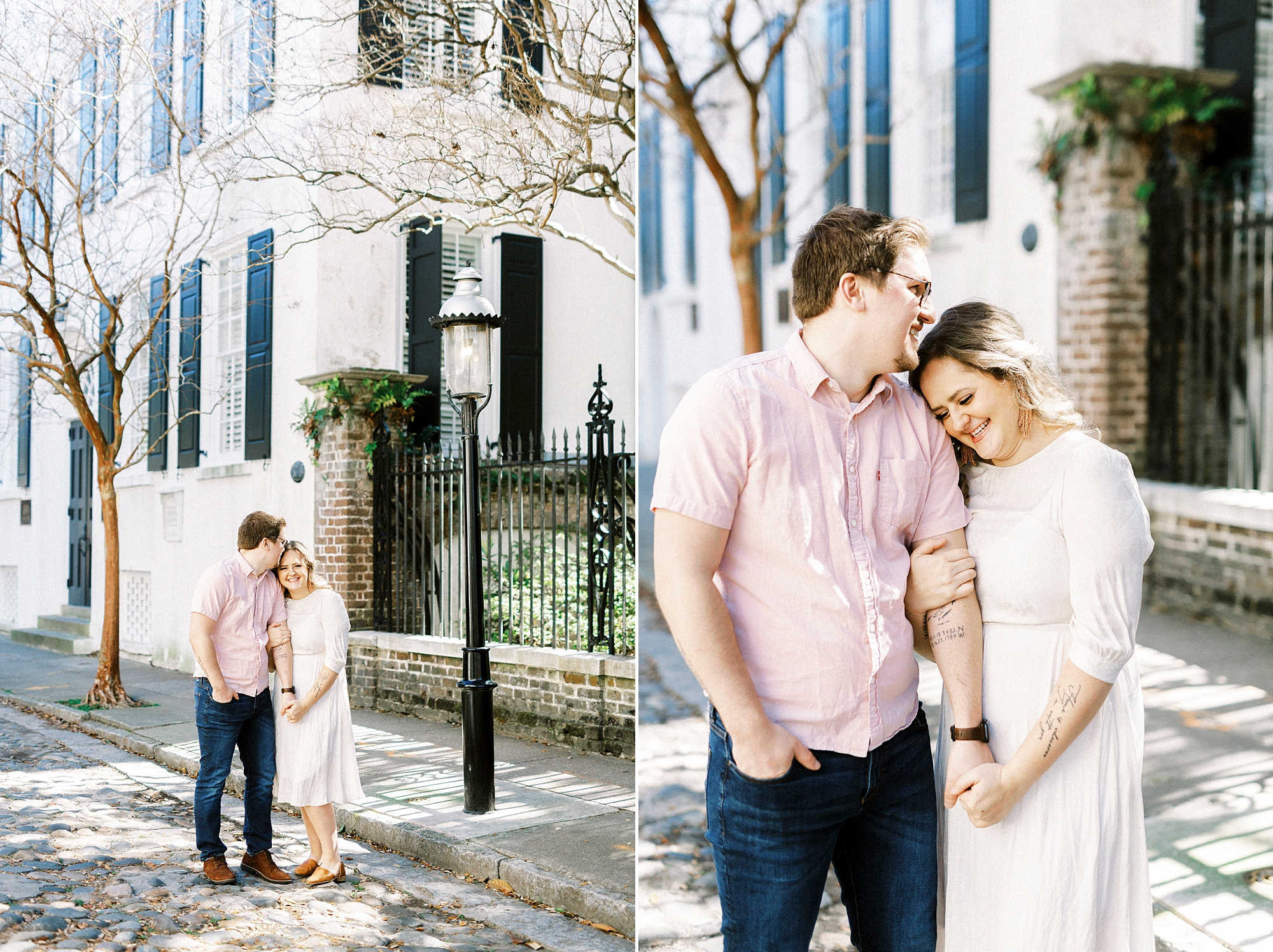 film portraits of bride and groom holding hands on corner of street in downtown Charleston