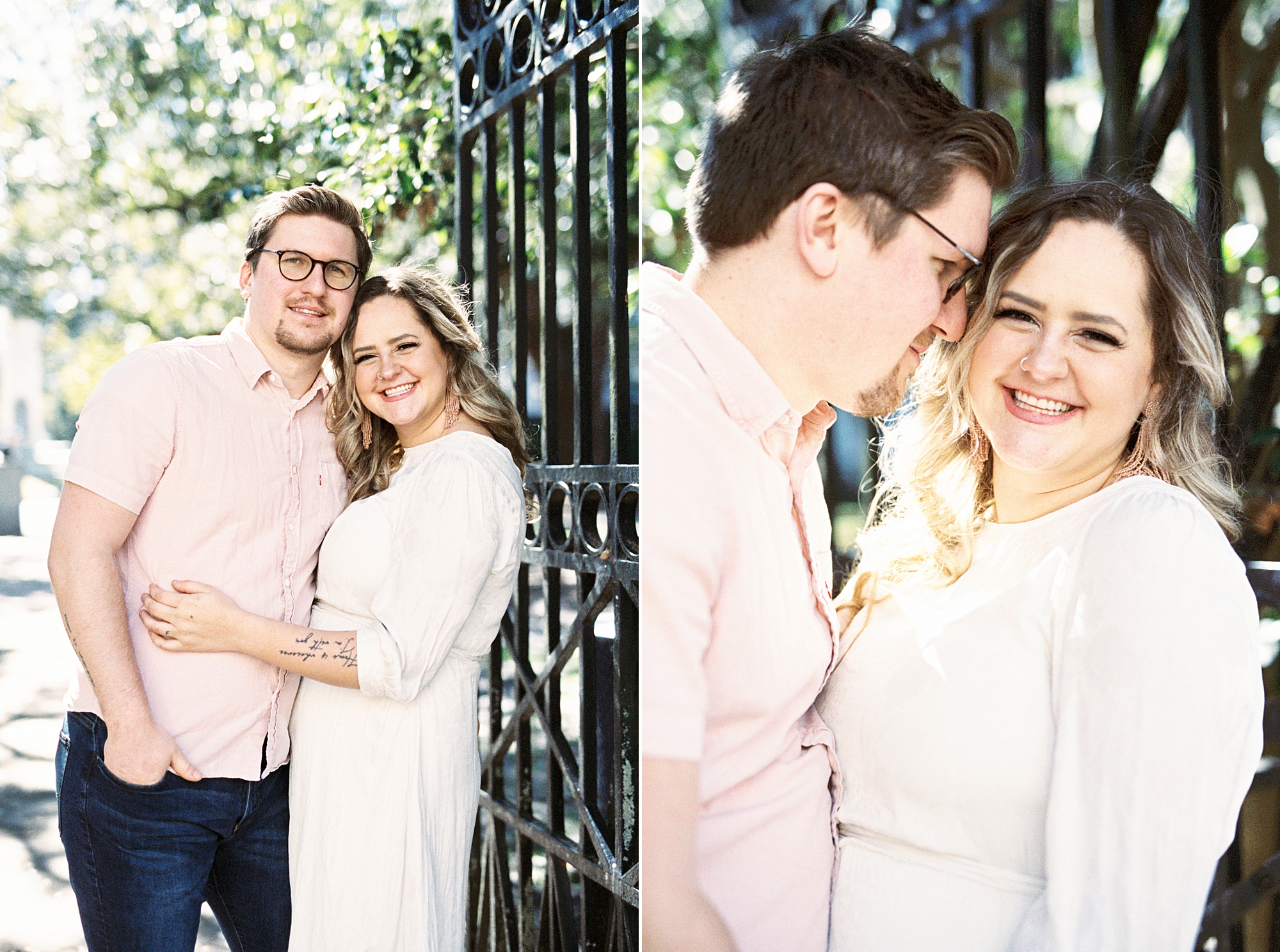 couple hugs by gate during downtown Charleston anniversary portraits