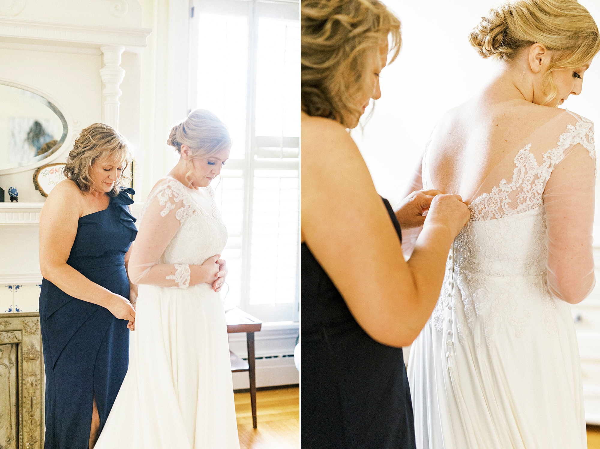 mother helps bride into wedding dress before spring wedding